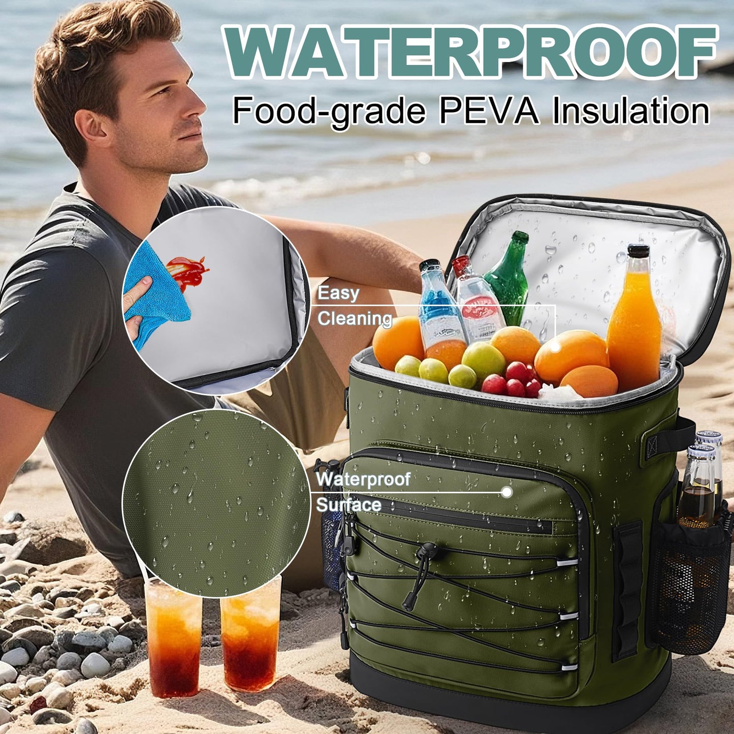 YOUNGOA Large 52cans Cooler Backpack, Insulated, Waterproof, Leak Proof, 30L Large Capacity (Green)