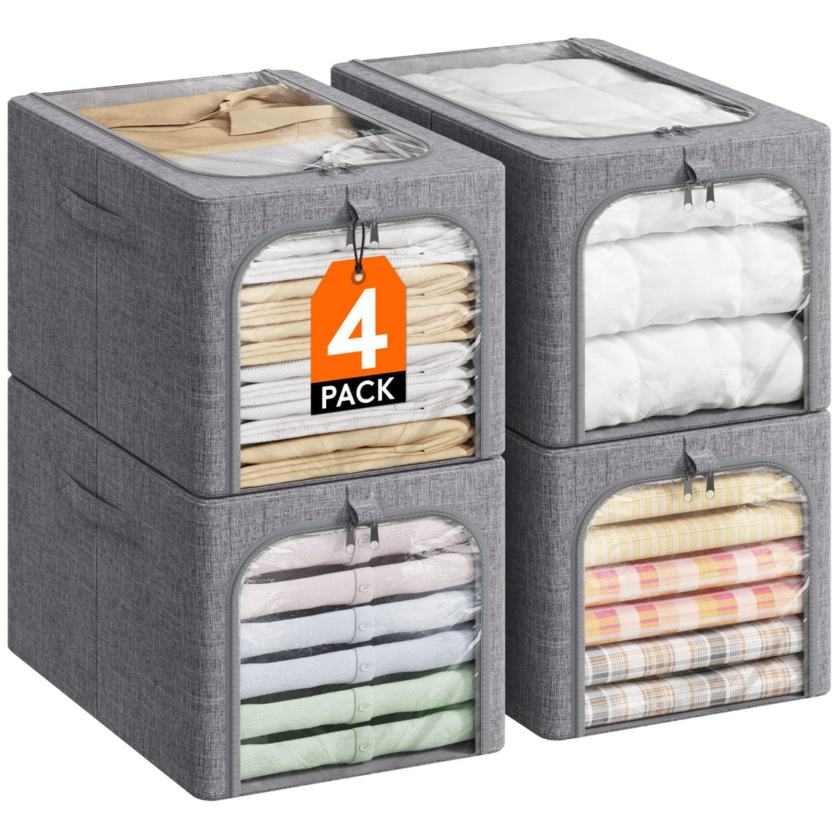 Lifewit 4 Pack Clothes Storage Bins with Metal Frame, Foldable Clothing Storage Bins, 40L Stackable Storage Box Storage Bags Fabric Bins Organizer with Lids, Clear Window＆ Zippers＆ Sturdy Handles