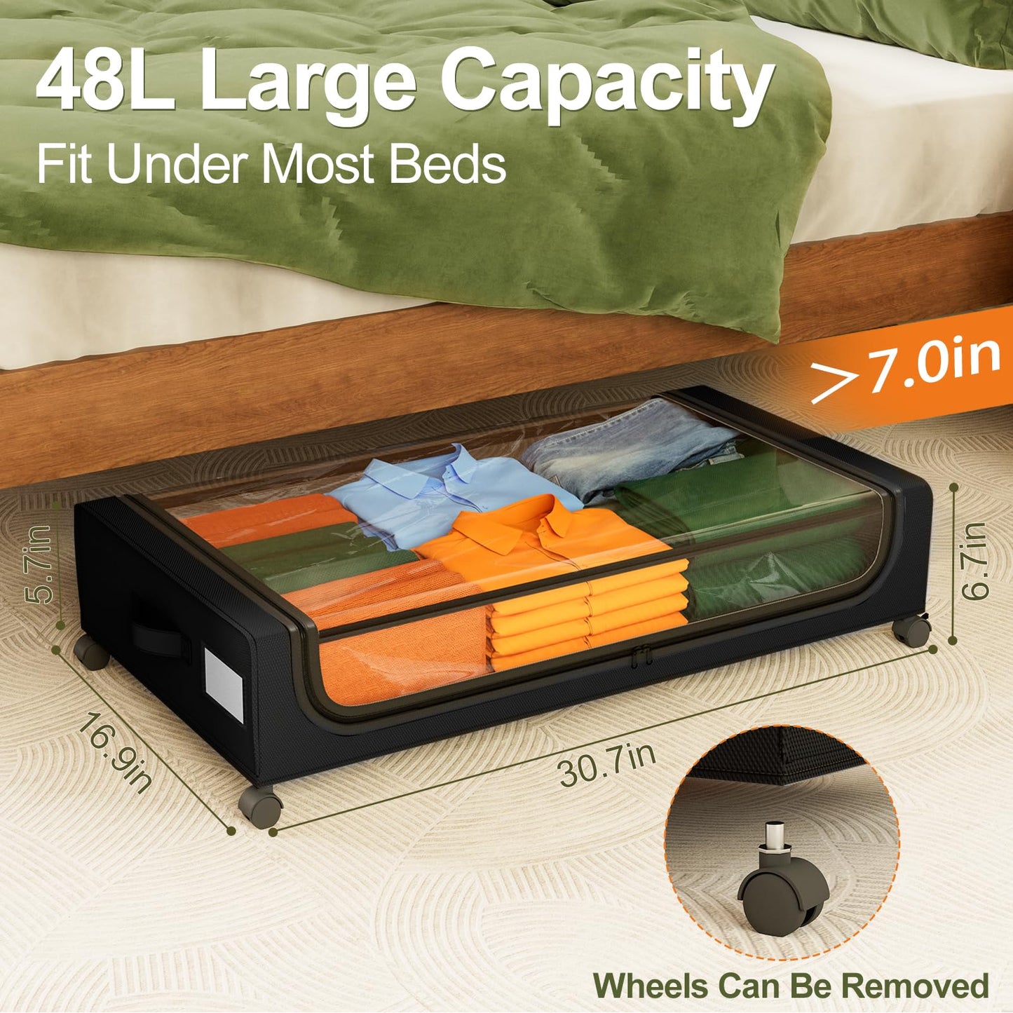 GoMaihe Under Bed Storage with Wheels: 48L Underbed Storage Bins with Lids - Rolling Rangement Vetement sous le Lit - Containers for Clothes Shoes in Bedroom - Easy Pull-out Black 2-Pack