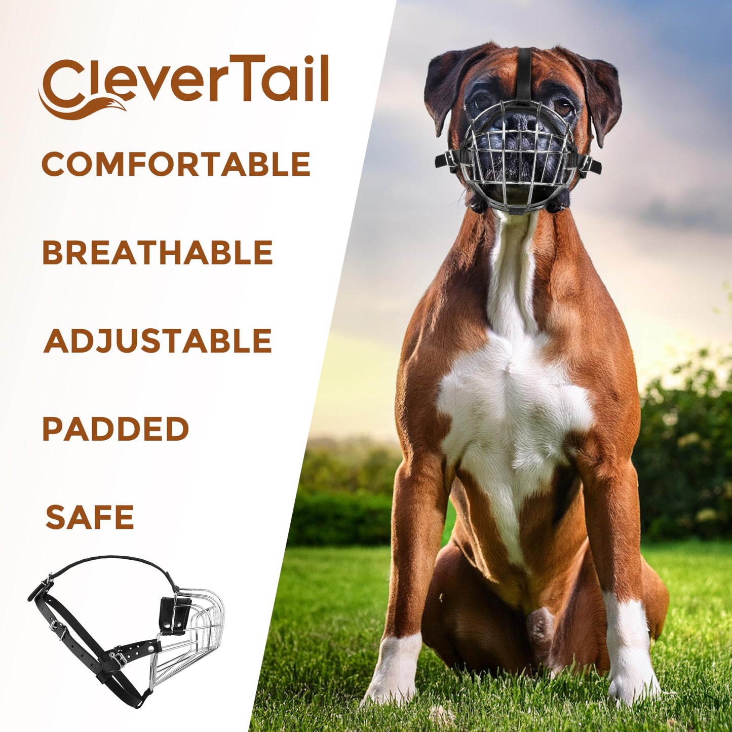 CleverTail Metal Muzzle for Boxer Dog Breed – Bite Proof Boxer Muzzle for Medium and Large Sized Dogs – Steel Wire Basket Muzzles for Dogs English Bulldog, American Bulldog etc.