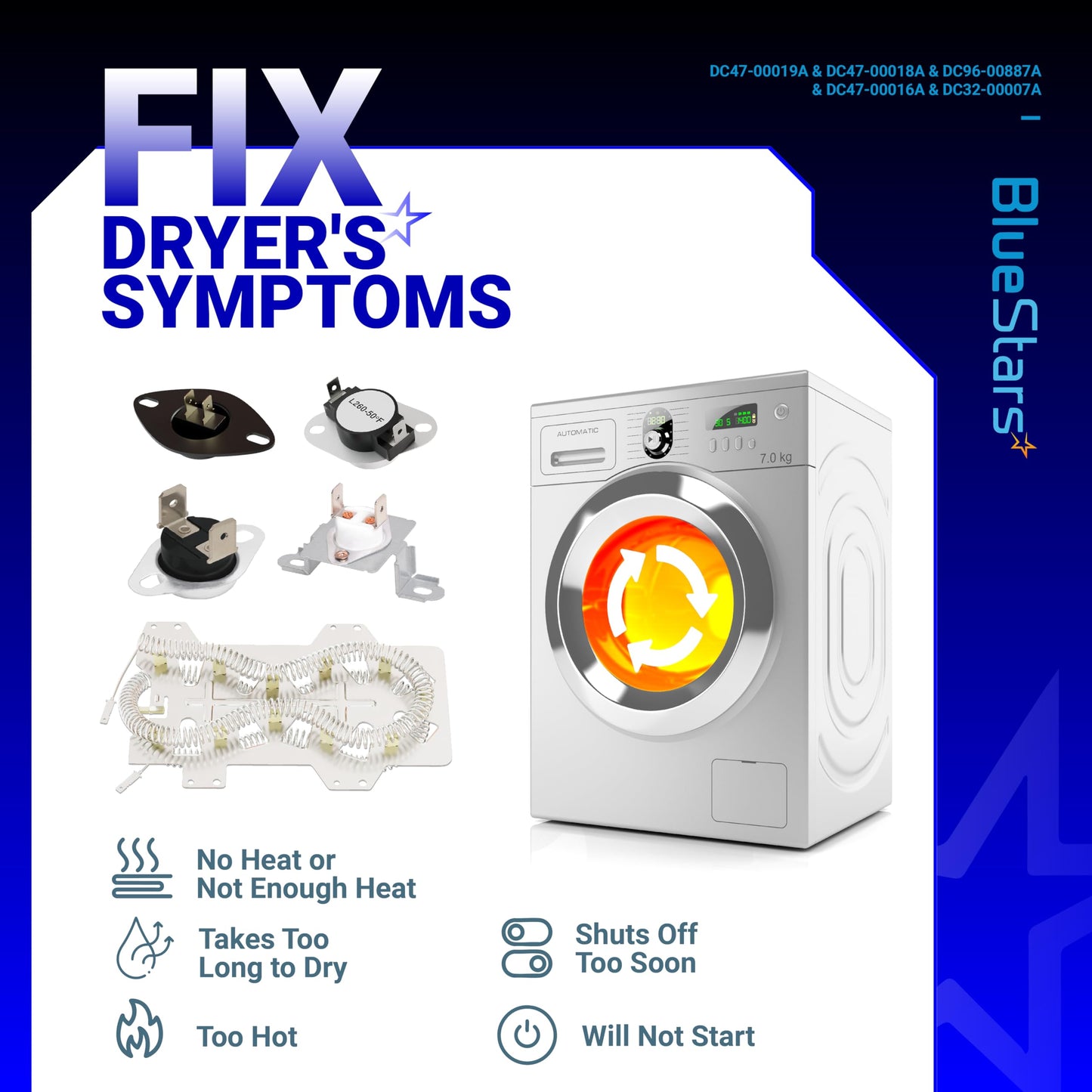 BlueStars DC47-00019A Dryer Heating Element Kit - Compatible with DVE50R5400V/A3 DV42H5000EW/A3 DV45H7000EW/A2 DVE50R5200W/A3 DV40J3000EW/A2 DVE50M7450W/A3 DV42H5200EW/A3 DV48H7400EW/A2