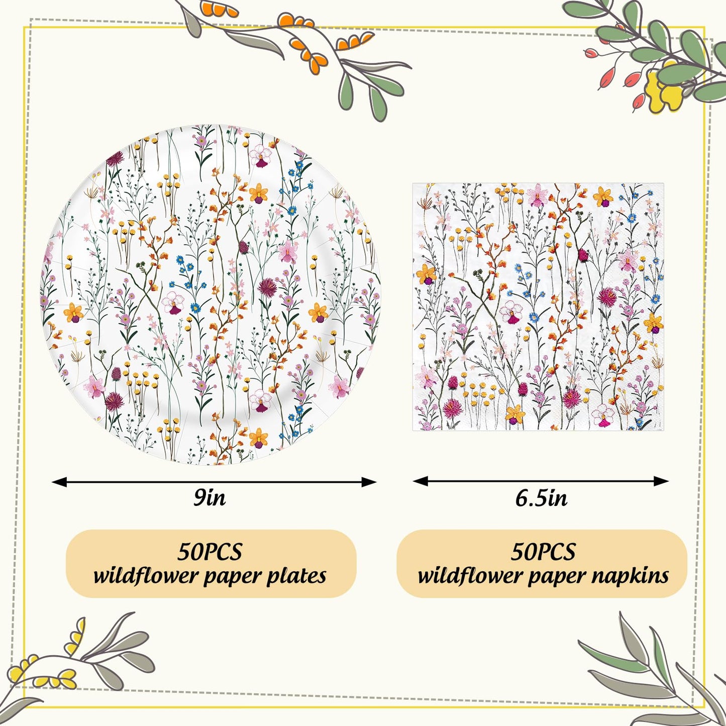 Whaline Floral Party Supplies Kit Serves 50 Wildflower Paper Plates and Napkins for Spring Picnic Wedding Birthday Baby Shower Party Supplies