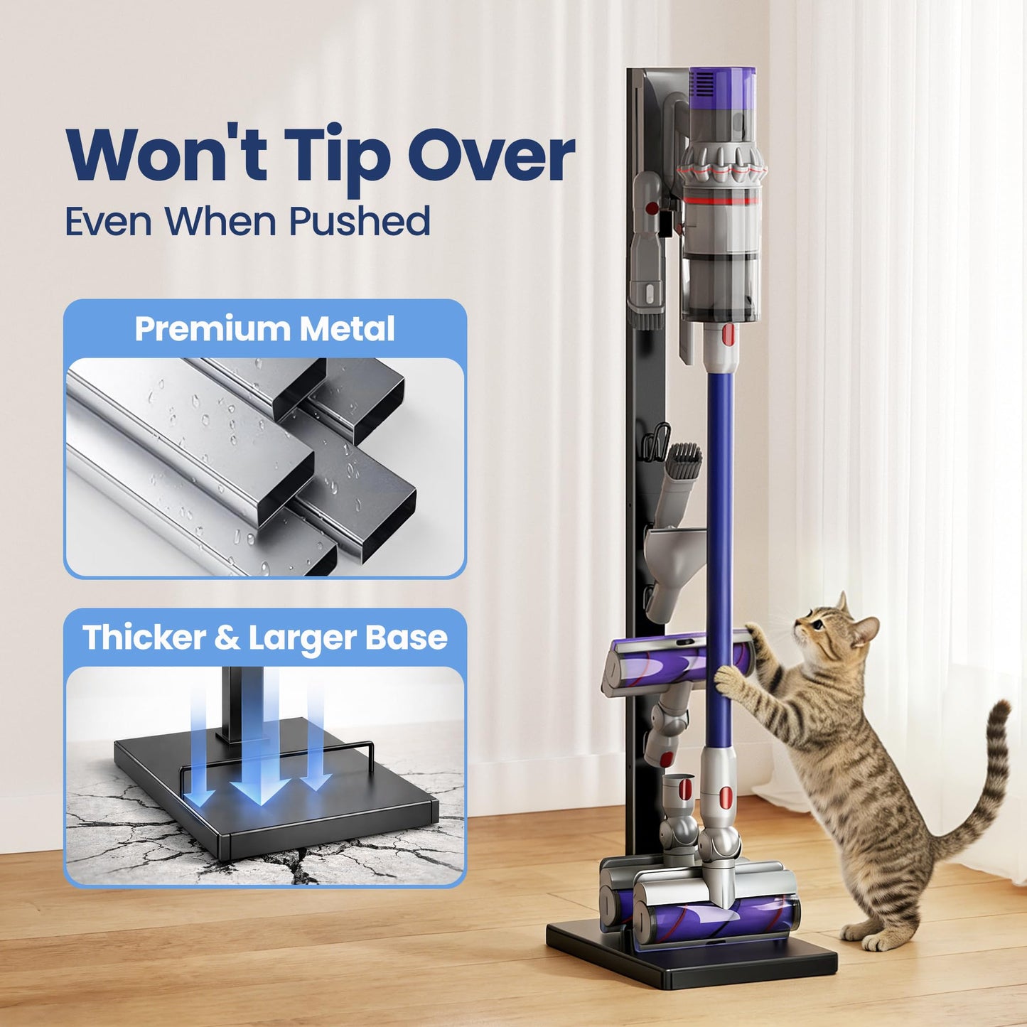Vacuum Cleaner Stand Compatible with Dyson V15, V12, V11, V10, V8, V7, V6 & G5 – Freestanding Holder with Accessory Storage, No Drilling Required, Easy Installation