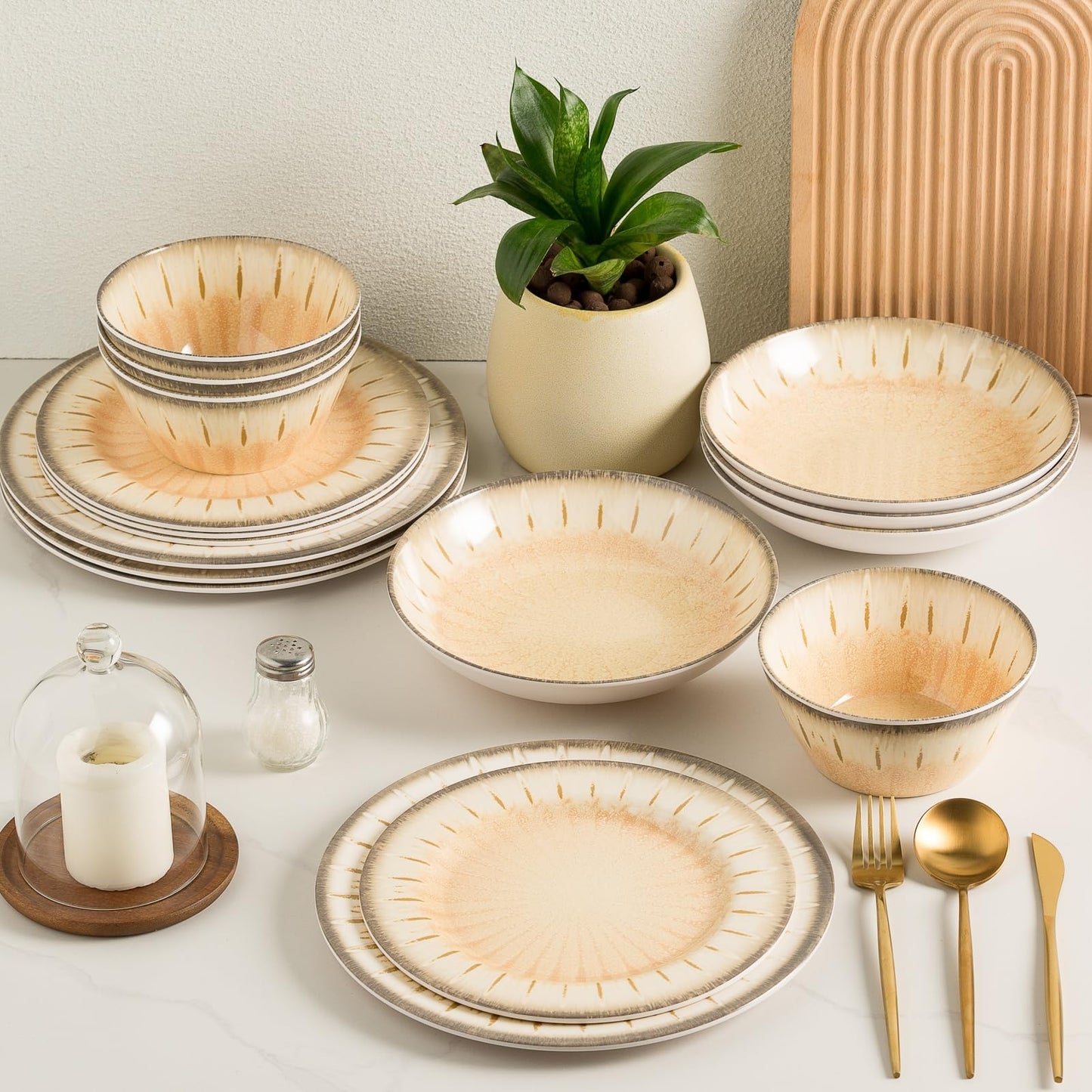 MissYip Melamine Dinnerware Set, 16 Piece for 4, Unbreakable Kitchen Plastic Plates and Bowls set, Indoor and Outdoor Use Tableware, BPA Free, Dishwasher Top Safe, Not Microwave, Not Oven(Cream)