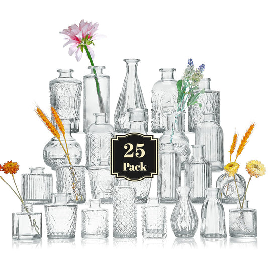 25Pcs Glass Bud Vase Set, Small Flower Vase for Centerpieces, Clear Bud Vases in Bulk, Mini Vintage Vase for Rustic Wedding Decorations