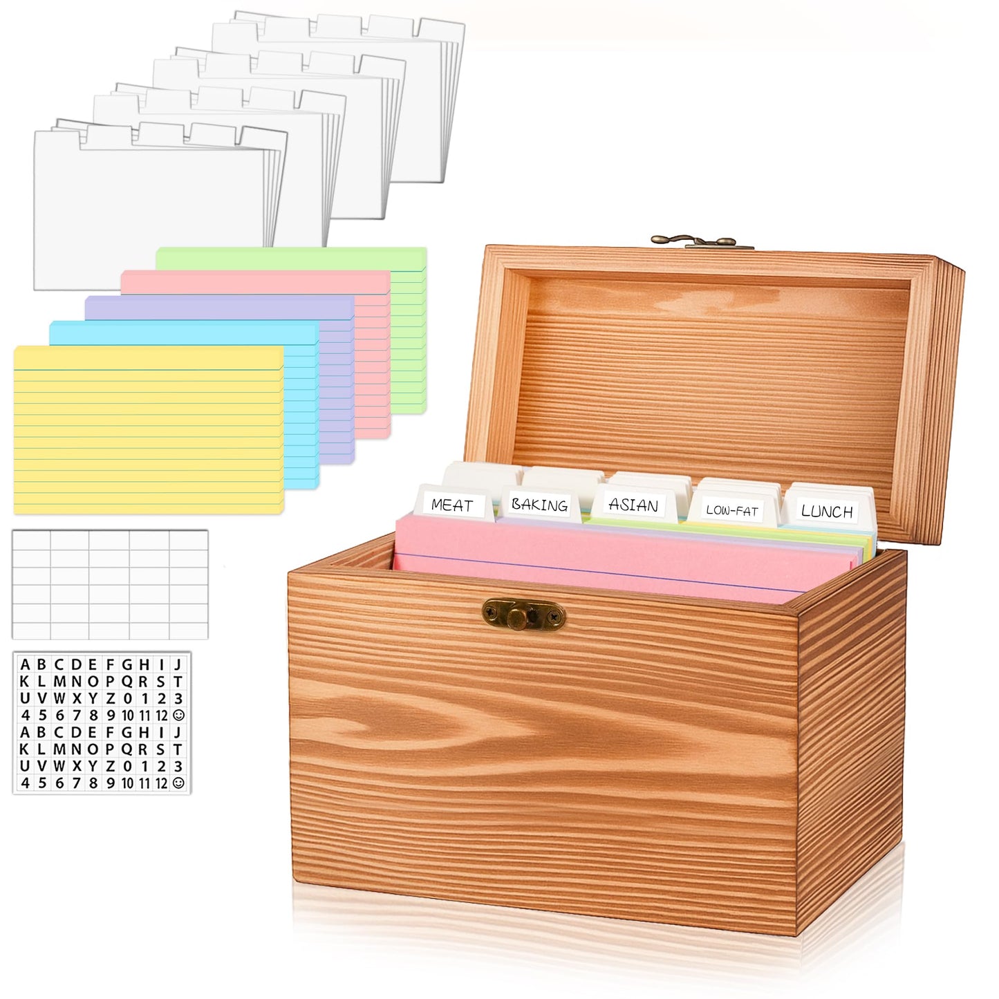 MOBYKE Index Card Holder 4x6, wooden Origanizer Recipe Box with 100 PCS Flash cards, 30 White Dividers, 1 Blank Sticker and 1 Letter Sticker, Flashcard Notecard Holders for Home Office