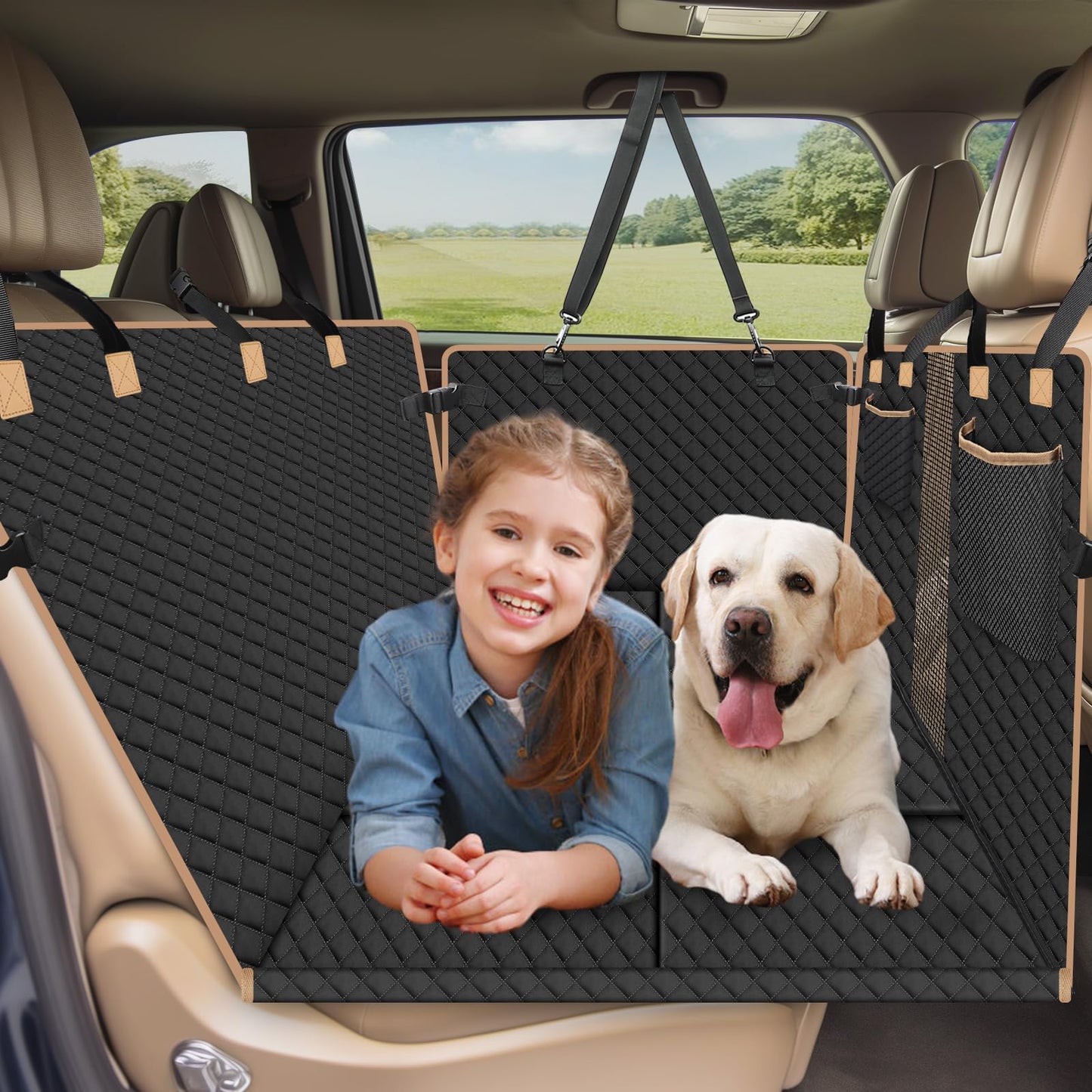 Reiseresa Dog Car Seat Cover for Back Seat with Hard Bottom, Back Seat Extender for Large Dogs Travel, Air Mattress Dog Hammock for Car SUV Truck, Quilted