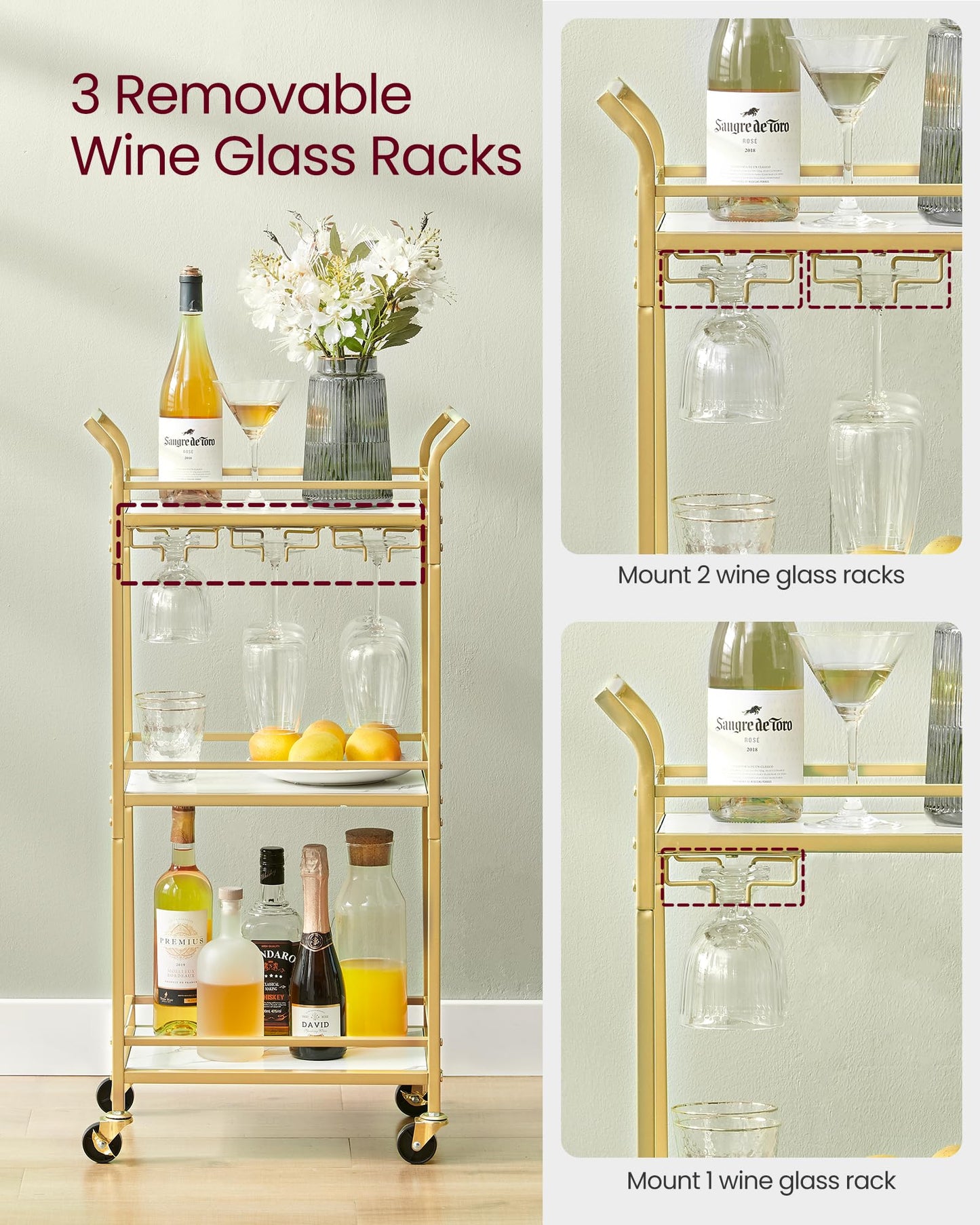 VASAGLE Bar Cart, Home Bar Serving Cart with 3 Tiers, Kitchen Shelf with Wine Rack, Glass Holders, for Small Spaces, Dining Room, Living Room, Pale Gold ULRC101A01