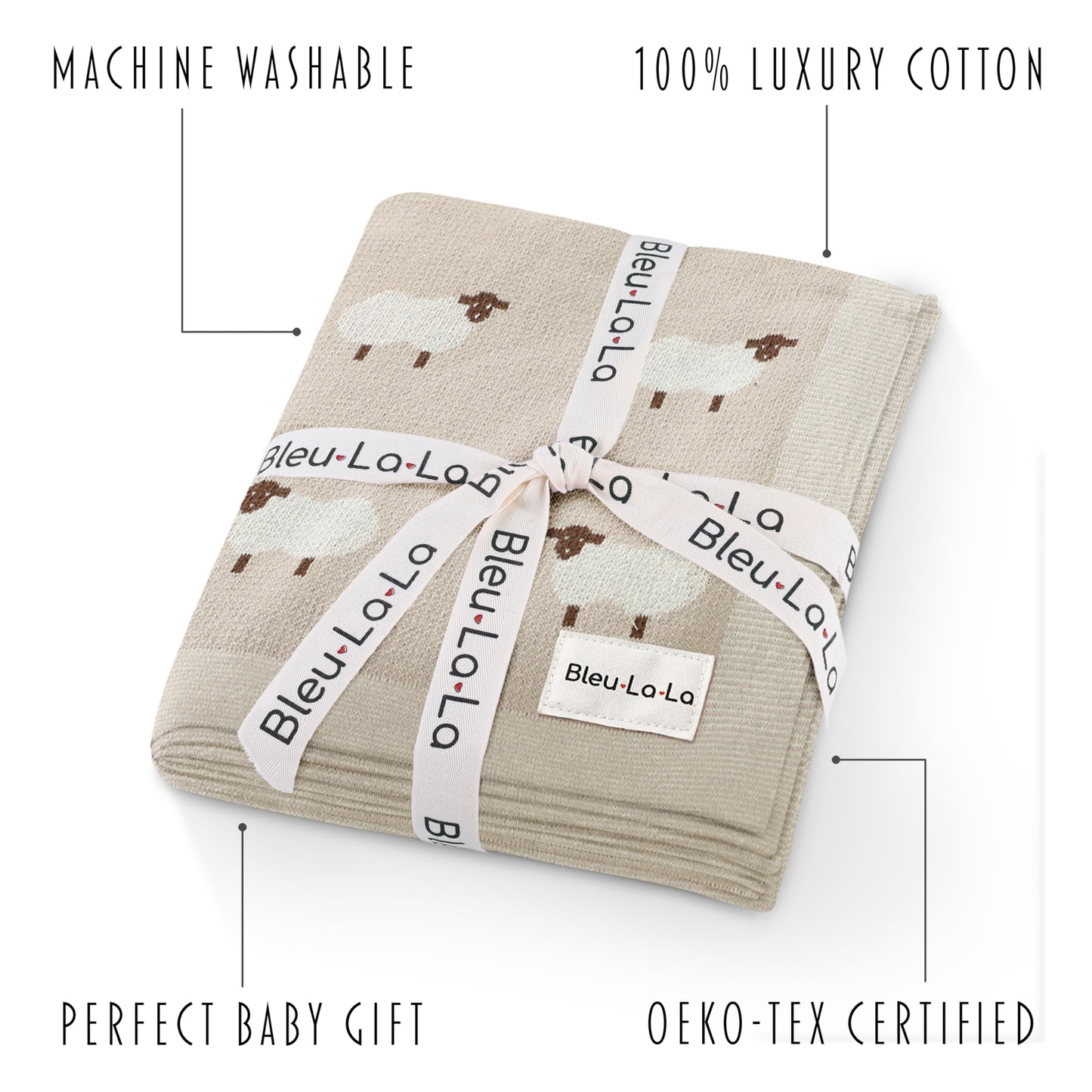 Bleu La La Whimsy Collection - 100% Luxury Cotton, Soft, Cozy, Lightweight, Receiving Blanket for Newborns & Infant Baby Boys & Girls (01 - Sheep - Khaki)