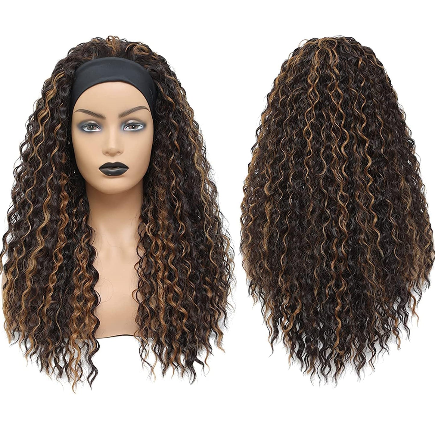 XSY Headband Wig Human Hair Ombre Highlight Curly Human Hair Wigs 16 Inch Headband Wigs for Black Women None Lace Front Wigs 150% Density 4/27 Highglight Wig