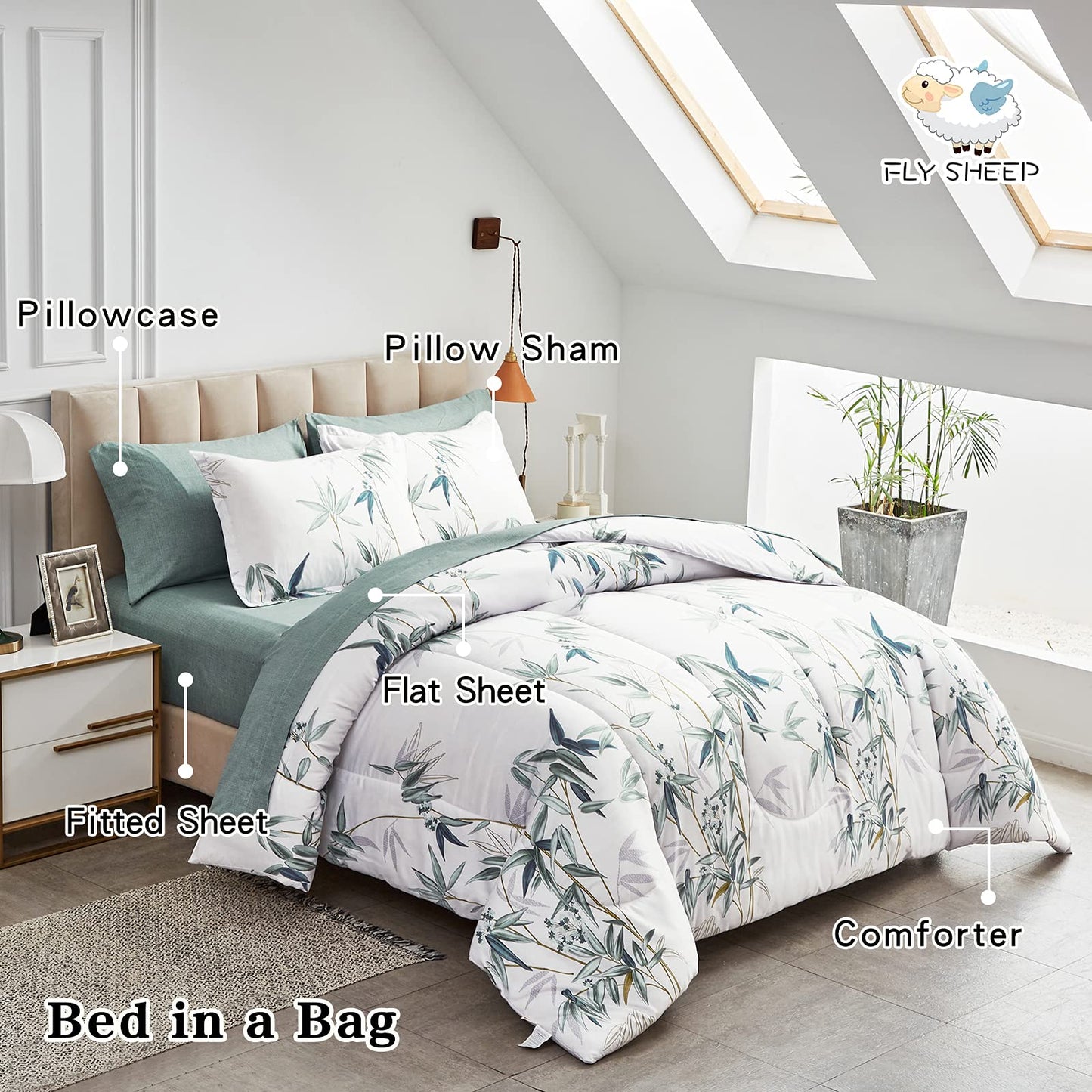 7 Pieces Bed in a Bag King Comforter Set with Sheets, Green Leaves on White Botanical Design Bedding Sets for All Season (1 Comforter, 2 Pillow Shams, 1 Flat Sheet, 1 Fitted Sheet, 2 Pillowcases)
