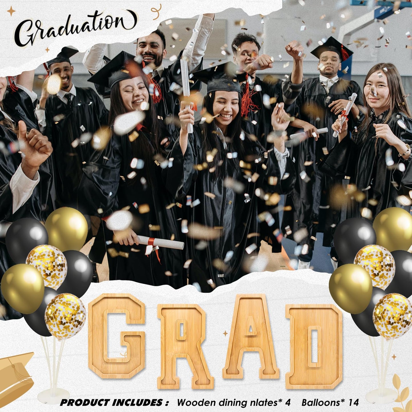 4PCS Wooden Graduation Decorations Number Charcuterie Board Box-(with 14 Balloons) Grad Charcuterie Numbers Fillable Food Graduation Party Supplies Suitable for 2026 Party Decoration