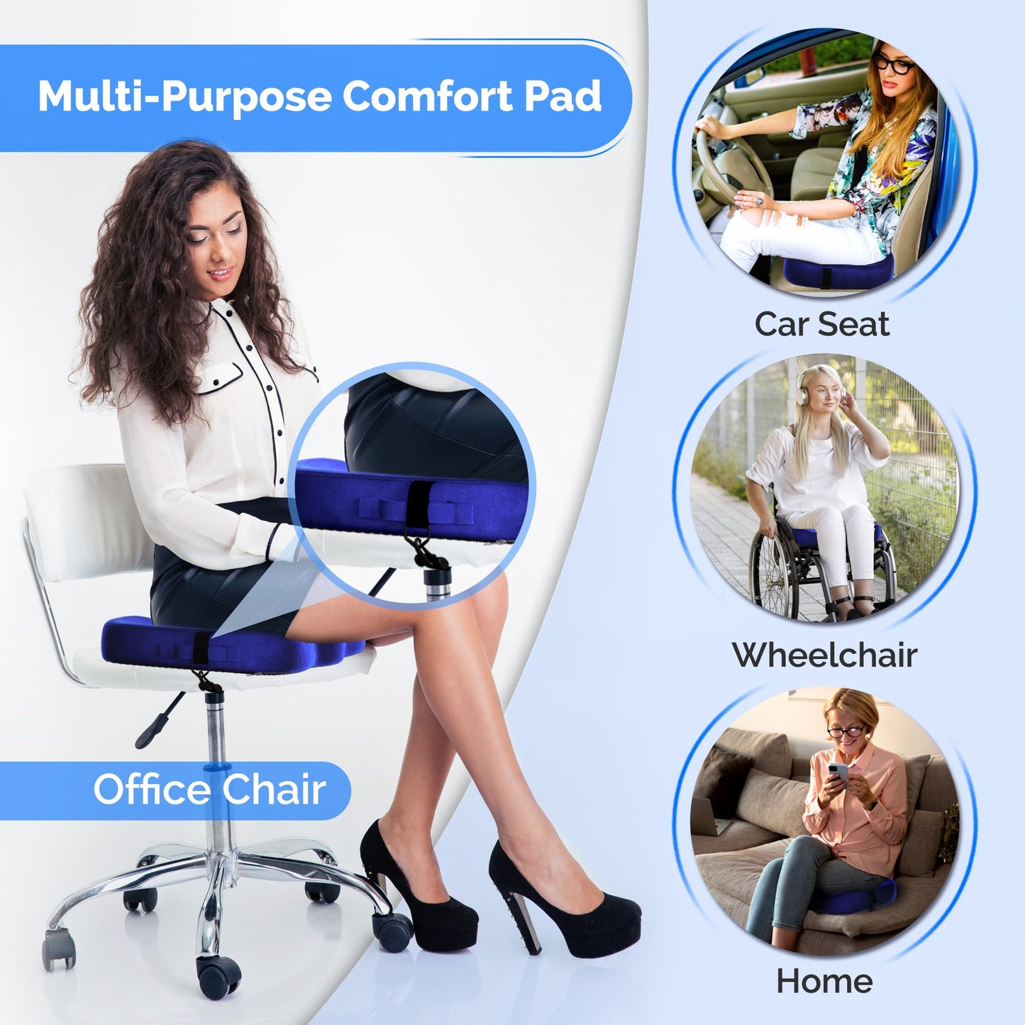 lifelong trusted deal Gel Seat Cushion – Navy Blue Flannel Pillow with Velvet Removable Cover – Ergonomic Sponge Support for Office with Adjustable Strap