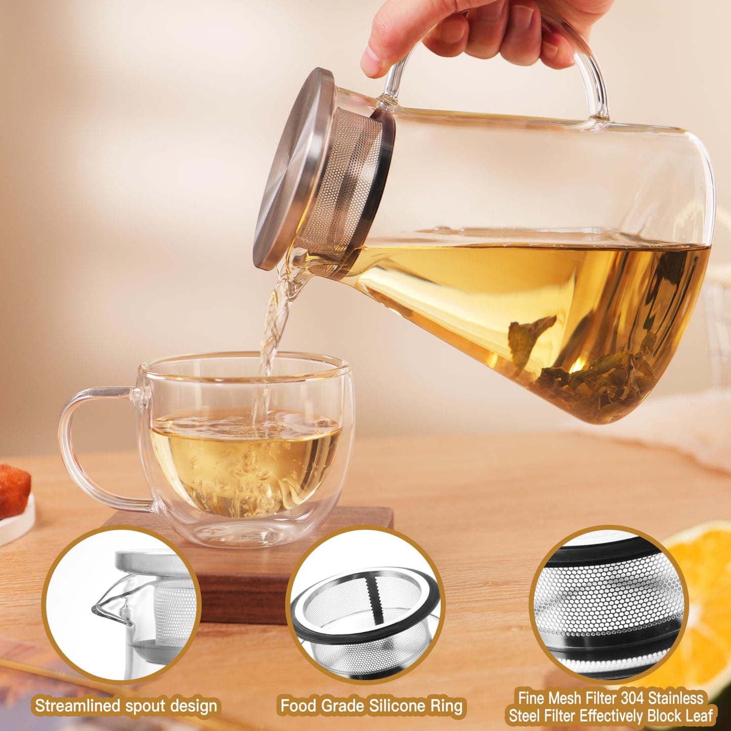 CNGLASS 30.5oz/900ml Glass Teapot Stovetop Safe,One-Touch Clear Tea Kettle,Blooming and Loose Leaf Tea Maker Set