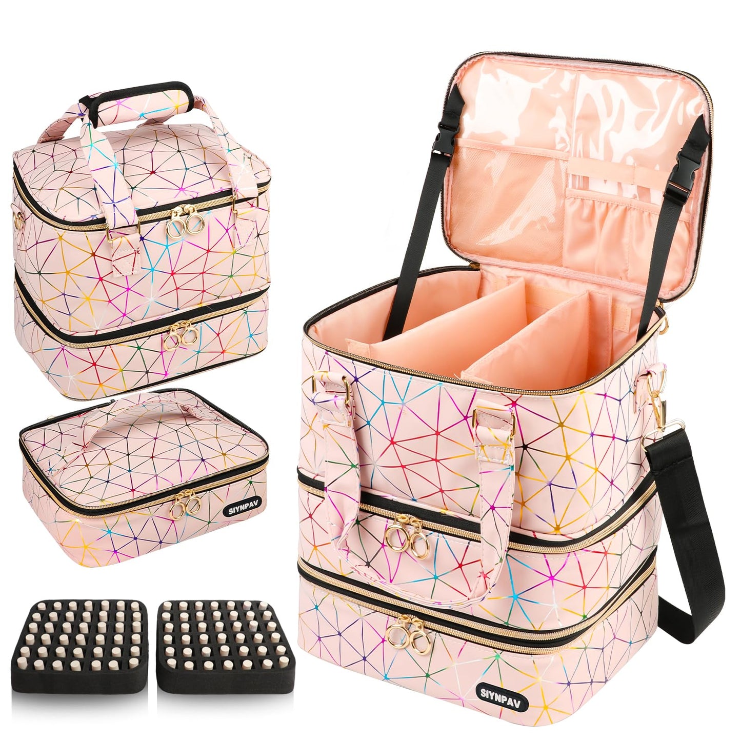 SIYNPAV Nail Polish Organizer, Pink, XL Large-84 Bottles, Three Layer Detachable Nail Polish Bag Organizer Carrying Case With Shoulder& Holder Strap