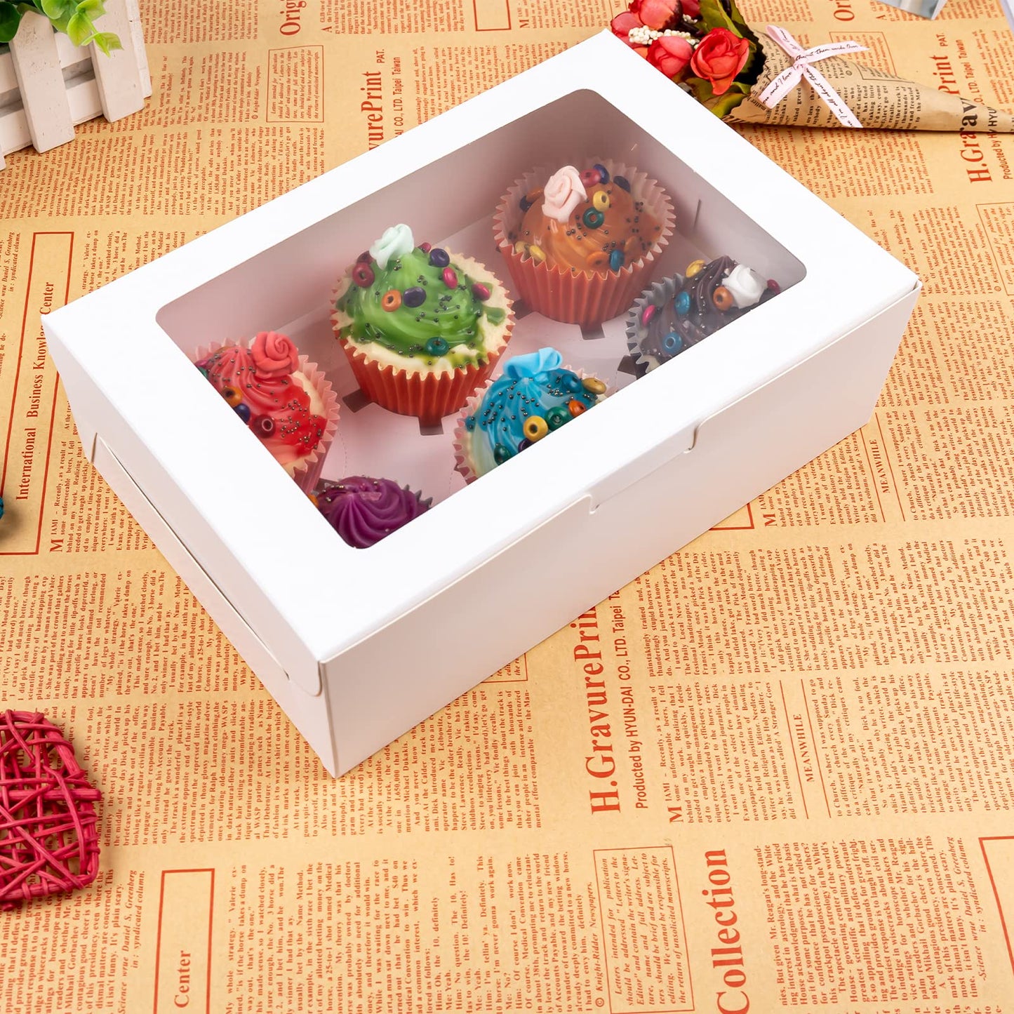 50 Pack Cupcake Boxes 6 Count Muffin Cupcake Box Carrier, White Kraft Bakery Boxes with Windows and Inserts,Take Out Togo Cup cake Container Favor Box