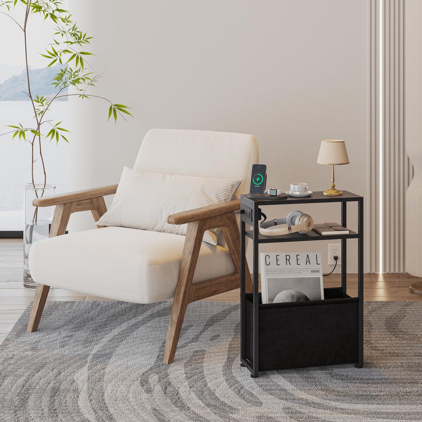 Leomonio Narrow Side Table, Slim End Tables with Fabric Basket, Skinny Table for Small Spaces, Thin Bedside Table for Living Room, Bedroom (1, Black - Outlet)