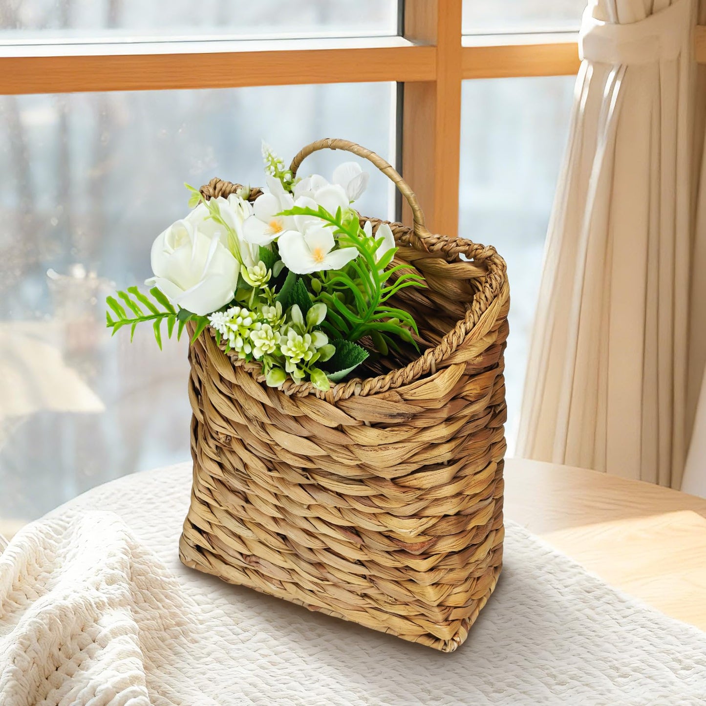 Mounting UP Woven Hanging Basket Water Hyacinth Hanging Basket for Wall Wicker Handmade Storage Flower Baskets for Garden Farmhouse Home Deco