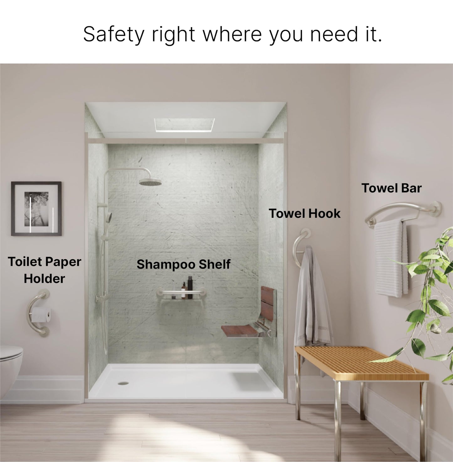 HEALTHCRAFT Plus 2-in-1 Shampoo Shelf and Grab Bar, 19.5 inch | ADA Compliant Wall-Mounted Safety Grab Bar for Bath and Shower, Brushed Steel Handicap Grab Bar for Seniors, 500 lbs Capacity