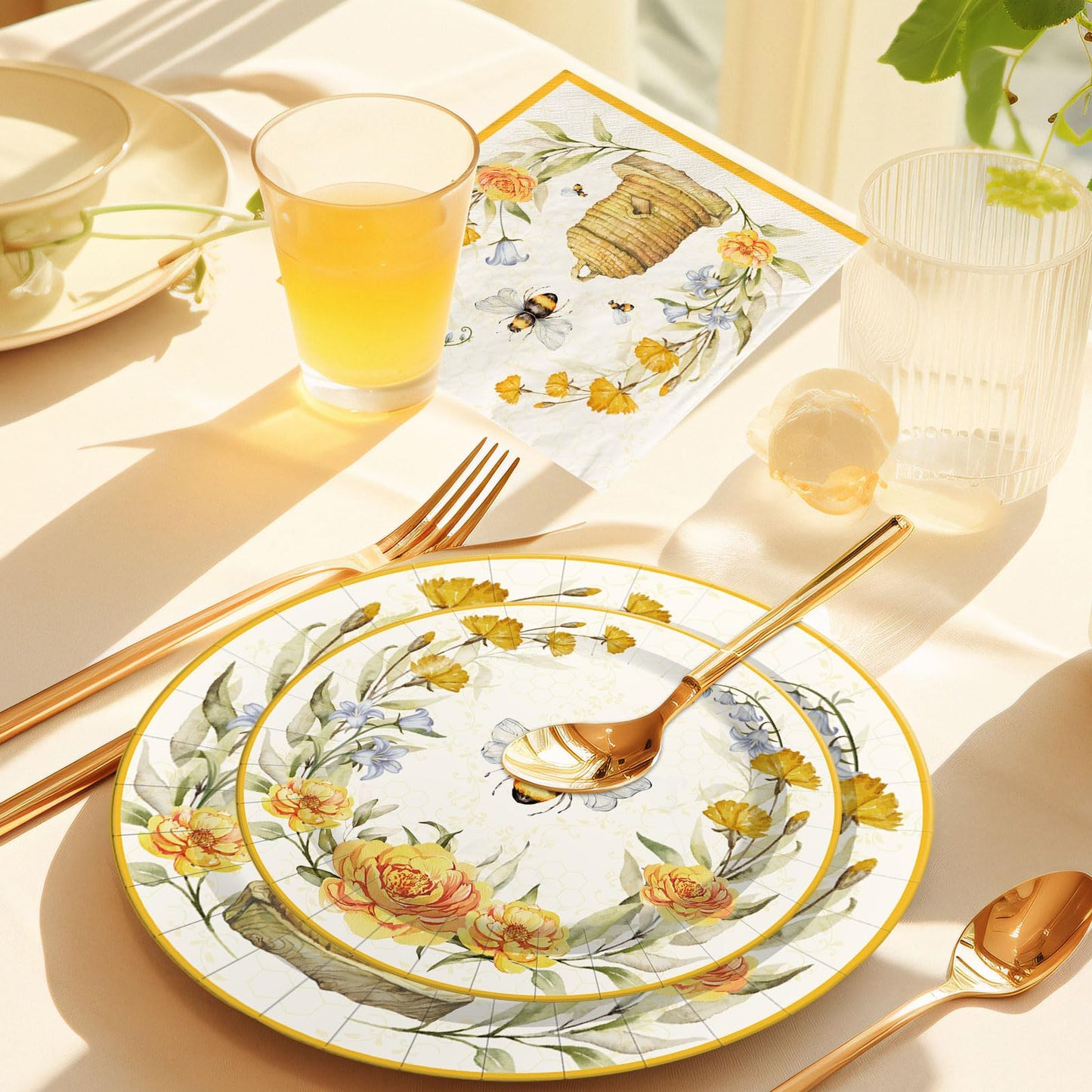 Whaline Bee Tableware Party Decorations Summer Bee Flower Disposable Dinnerware Set for Wedding Birthday Baby Shower Holiday Party Supplies Table Decor, Serve 24