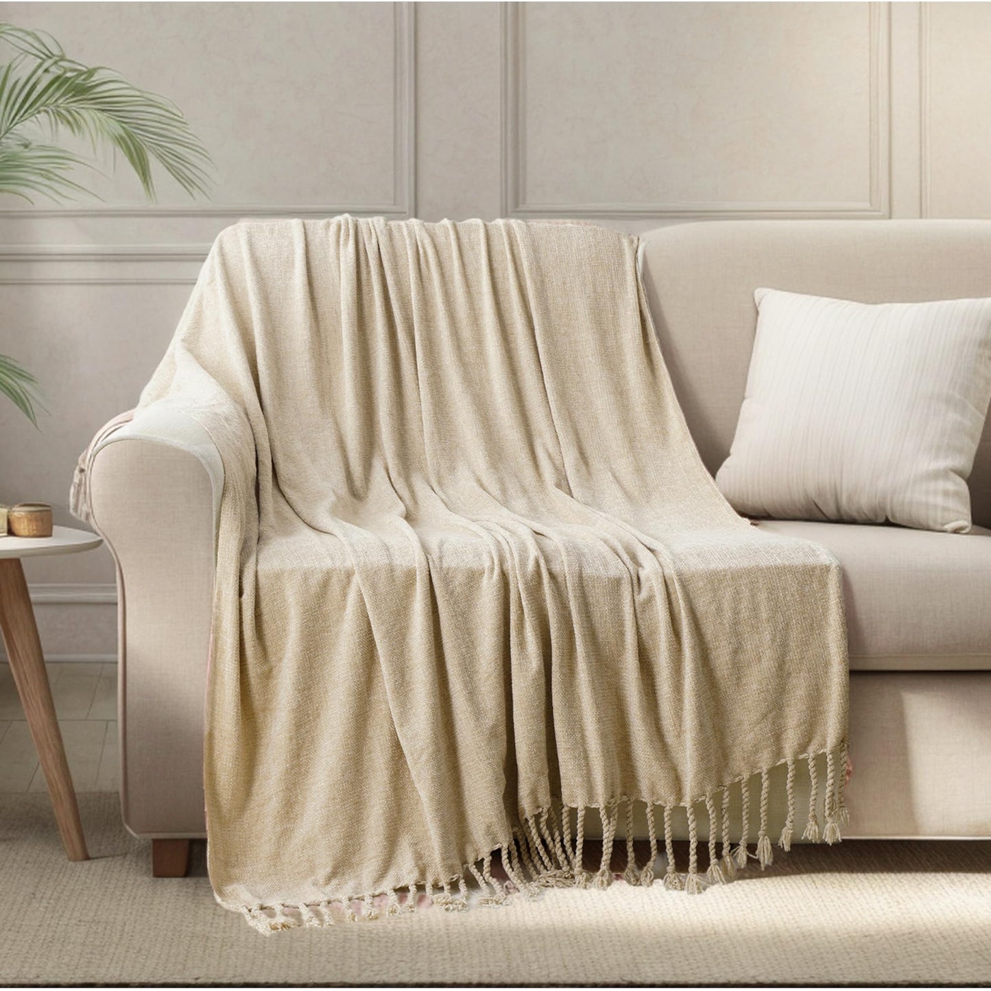 BATTILO HOME Beige Chenille Throw Blanket for Couch Sofa Chair Bed Home Decor, Lightweight Boho Knitted Throw with Fringe Tassels Suitable for All Season,50''X60''