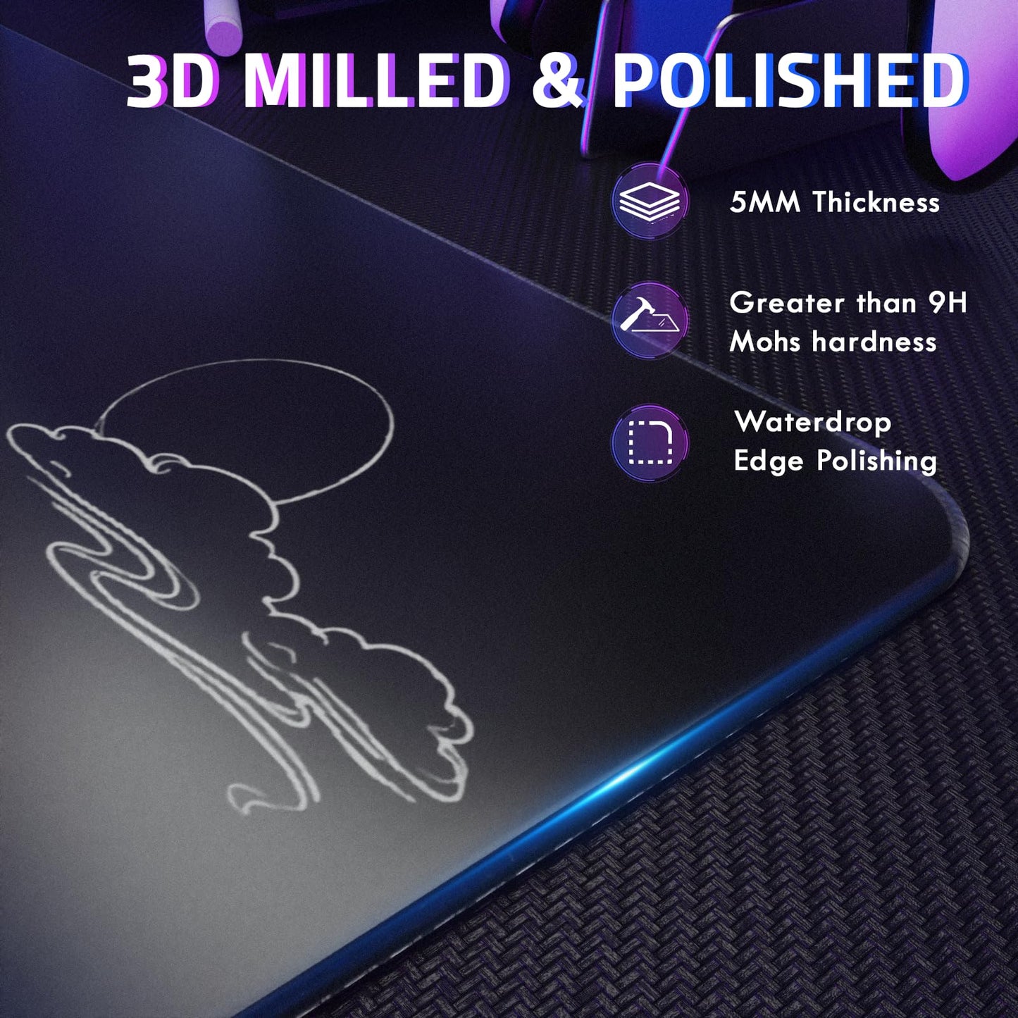 ATTACK SHARK CM05SE Glass Gaming Mouse Pad, 16.14x12.20x0.2in Mouse Mat, Non Slip 9H Hard Mousepads, Nano-Textured Glass Surface with Improved Precision and Speed for FPS Players-Black Wave