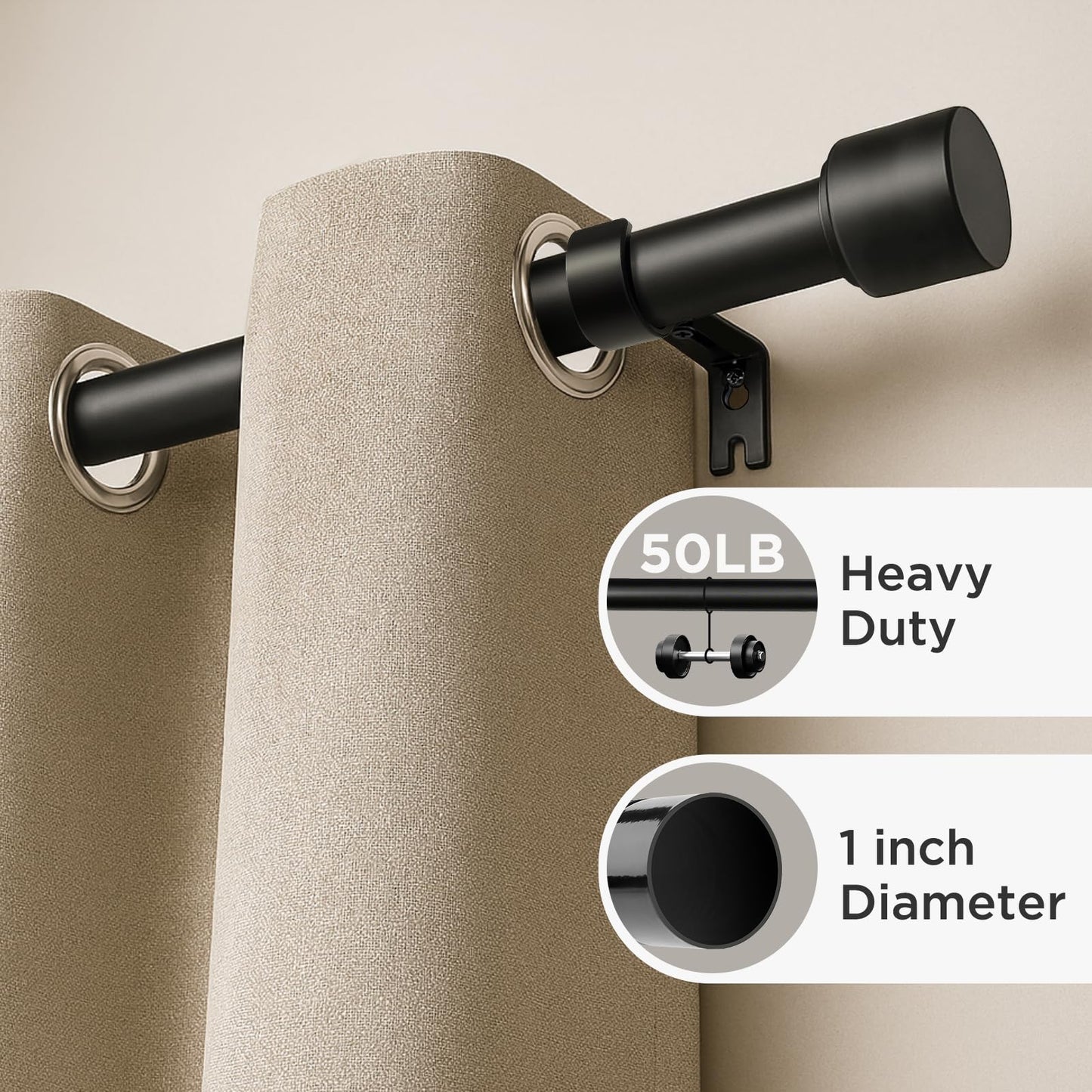 Joydeco Black Curtain Rods for Windows 32 to 120 Inch, 1 Inch Heavy Duty Adjustable Drapery Rod with Brackets for Outdoor Patio, Living Room, Bedroom, Kitchen