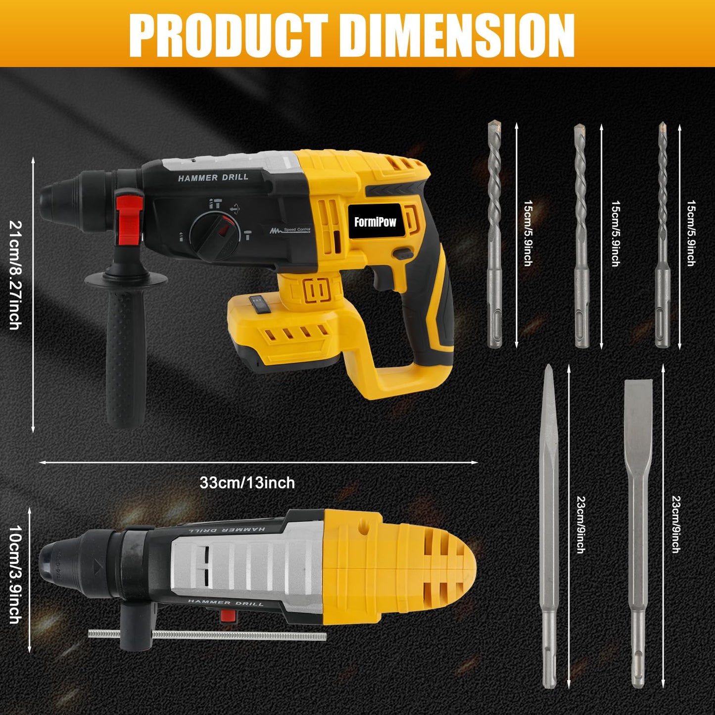 FormiPow SDS-Plus Rotary Hammer Drill for Dewalt 20V Battery, 2.6J Impact Brushless Hammer Drill with 4 Mode Operation, 360° Rotating Cordless Hammer Drills with 5 PCS Drill & Chisel Set (No Battery)
