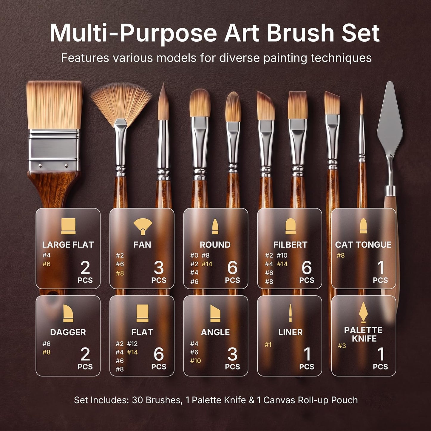 Nicpro 30pcs Paint Brush Set, Professional Paintbrushes with Paint Spatula, Craft Paint Brushes for Acrylic Painting, Oil, Watercolor, Gouache, Art Supplies for Artists and Beginners