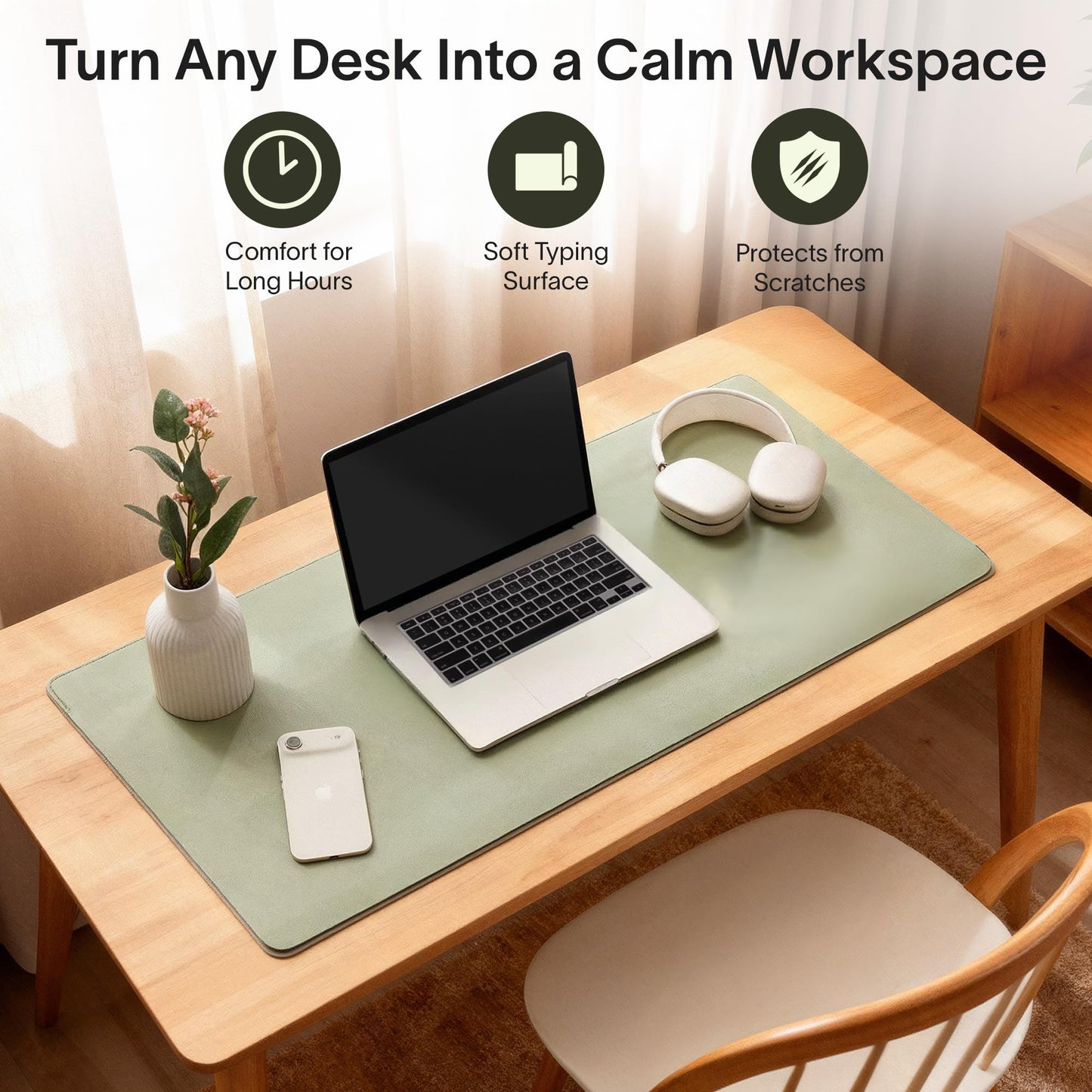 Nordik Felt and Leather Desk Mat - Willow Haze Sage - 89x43cm - Felt and Vegan Leather Desk Blotter with Document Hideaway - Large Computer Mats for Desktop - Ideal Keyboard Mat for Office and Home
