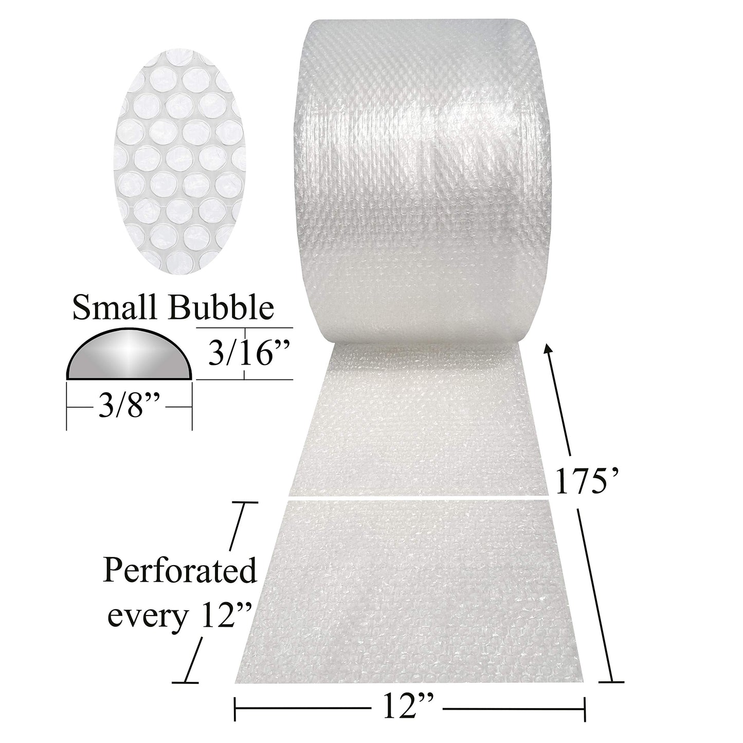 Uboxes Small Bubble Cushioning Wrap 3/16", Perforated Every 12" with Core (Small - 175' x 12")