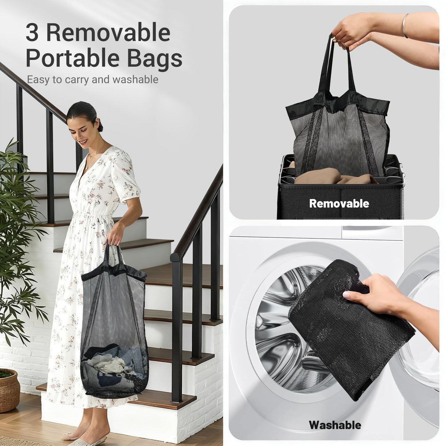 Fuonsyn 185L Laundry Hamper 3 Section with Lid, Grey Hamper 3 Compartment with 3 Removable Laundry Bags, Large Laundry Basket for Bedroom, Laundry Room, Dorm
