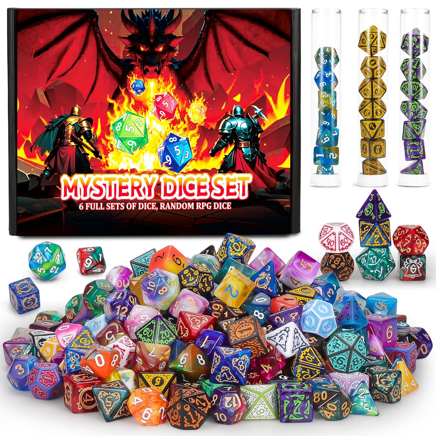 QMAY Mystery Dice Box - 48PCS DND Dice Set, Random Patterns, 6 Surprise Boxes, Polyhedral Dice with Dice Display Tube, D&D Gifts Box for Dungeons and Dragons, RPG, MTG,Role Playing Table Game