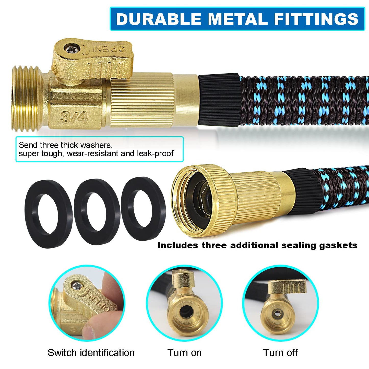 Expandable Garden Hose 100ft Flexible Water Hose, 10 Function Sprayer Nozzle, 3/4 Inch Solid Metal Fittings Lawn Yard Garden Outdoor Hose (100ft, Black and Blue)