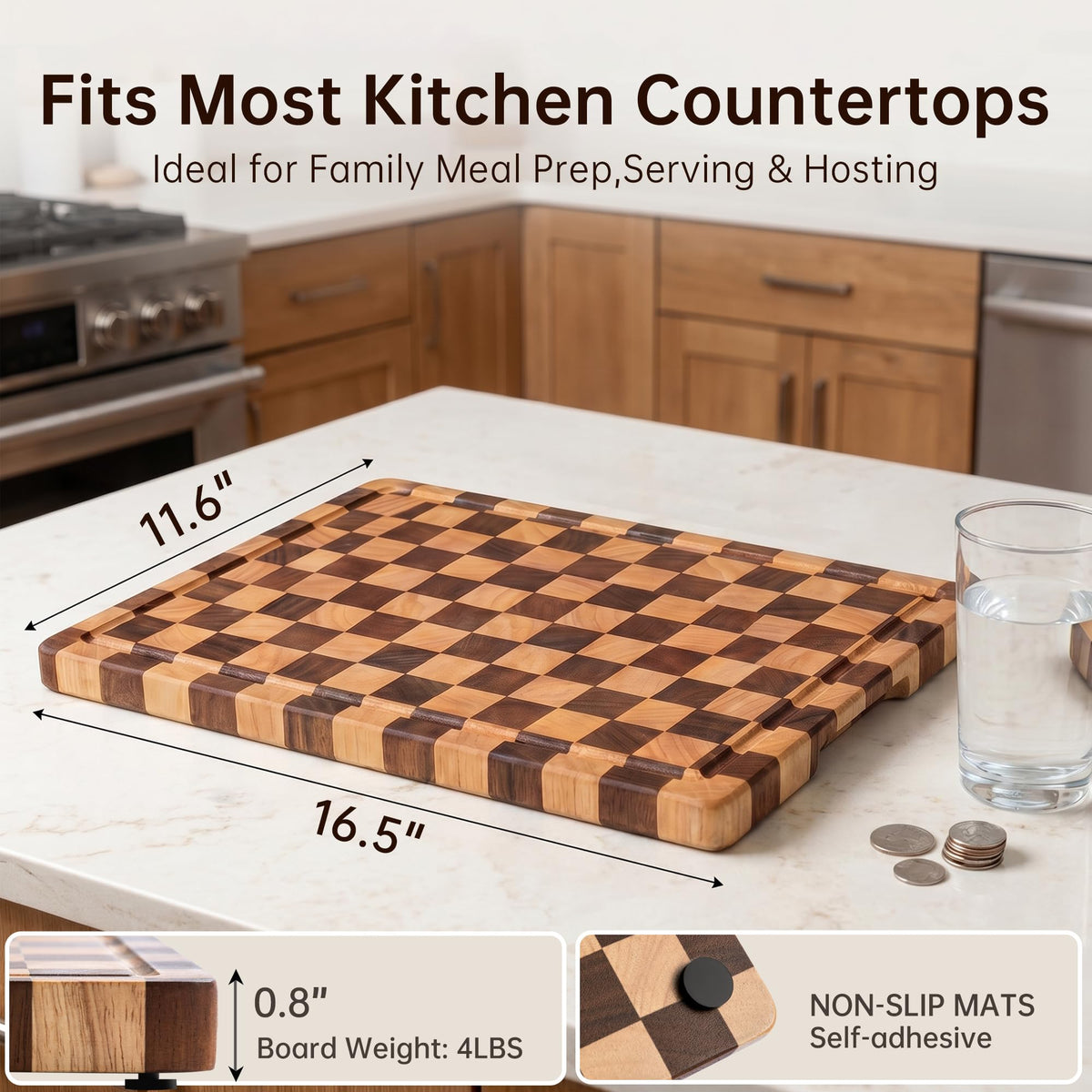 THETCHRY Cutting Boards for Kitchen, Checkered Cutting Board Upgraded, Acacia Wood Chopping Board with Juice Grooves & Handles, Large Butcher Block Serving Tray with Gift Box, 17" x 12" x 0.8"