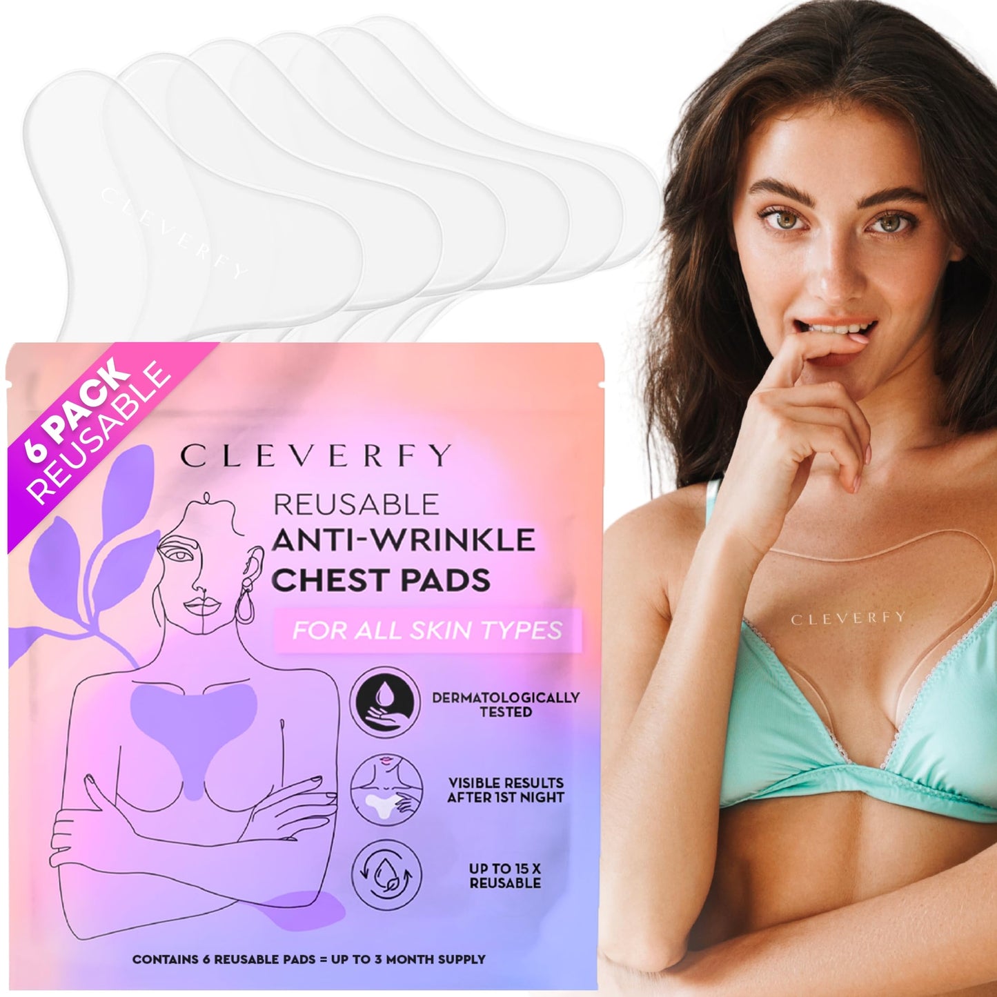 Cleverfy Silicone Chest Wrinkle Pads for Décolleté - 6-Pack of T-Shape Reusable Anti-Wrinkle Patches