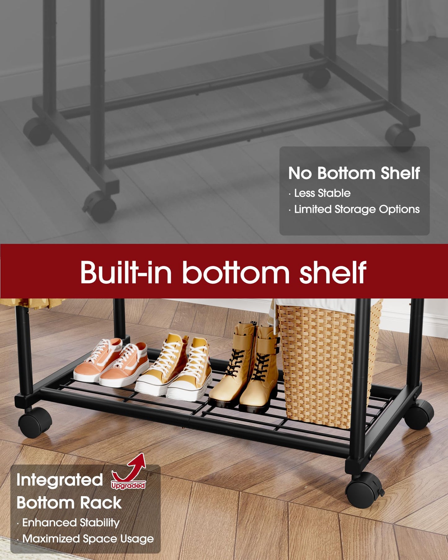 Sakugi Clothing Rack - Double Rod Coat Rack with Fixed Extension Bar, Built-In Mesh Shelf & Lockable Wheels, Multi-Purpose Clothes Rack for Bedroom, Laundry, Entryway, 98cm x 42cm x 150cm, Black