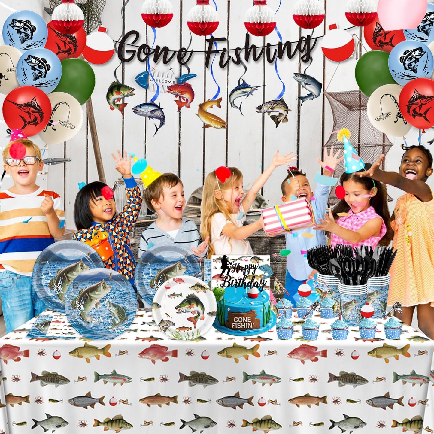 178PCS Fishing Birthday Party Decorations Includes Plates, Napkins, Cups, Cutlery, Tablecloth, Cake & Cupcake Toppers, Banner, Hanging Swirls, Balloons for Fishing Party Decorations, Serve 20