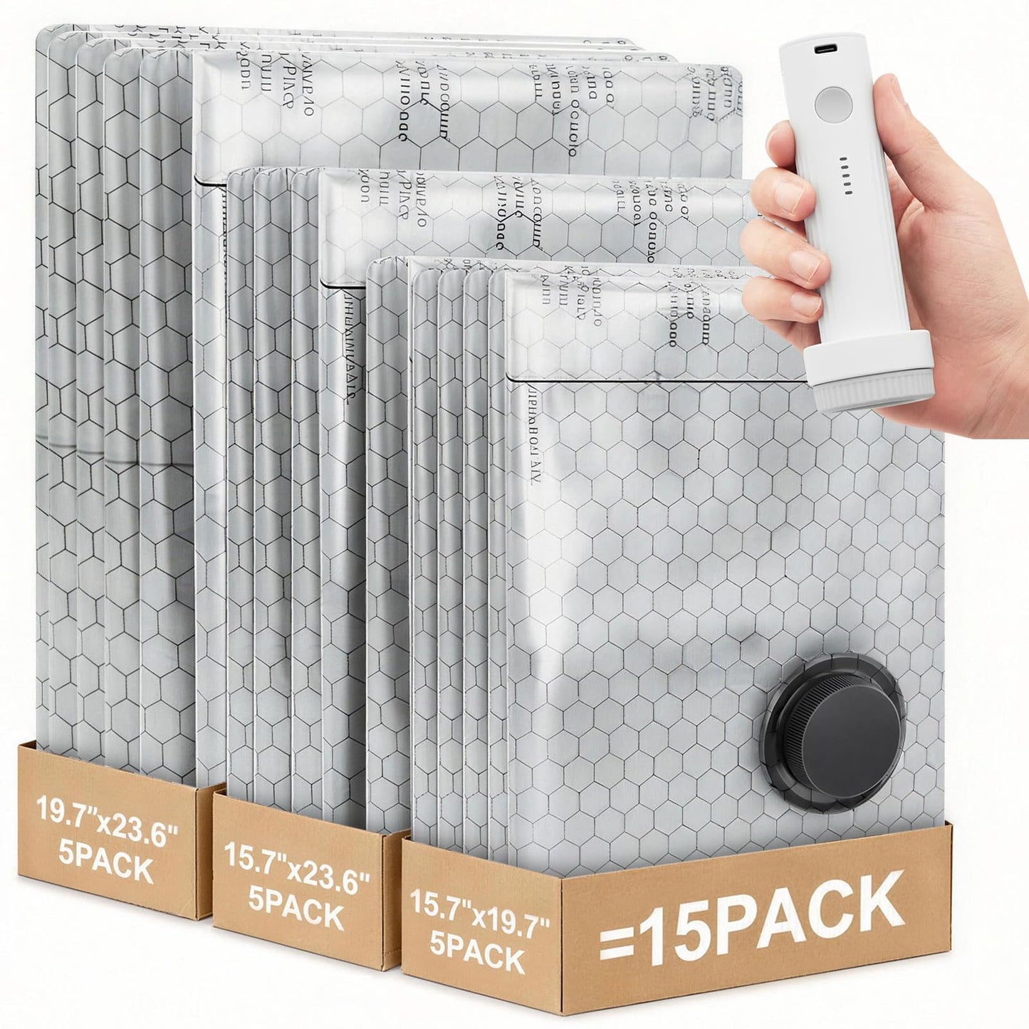 Travel Vacuum Bags with Cordless Pump, Vacuum Bags for Travel, Vacuum Sealer Bags for Clothes, Space Saver Vacuum Storage Bags for Luggage, Reusable Vacuum Packing Bags for Clothing & Bedding, 15 Pack