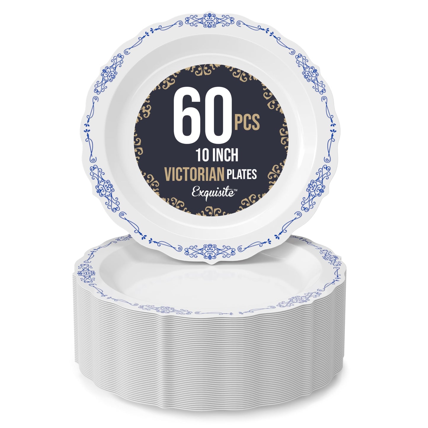 Exquisite Victorian 60-Piece Disposable Party Plates - 60 x 10 inch Dessert Plates, Heavy Duty White & Navy