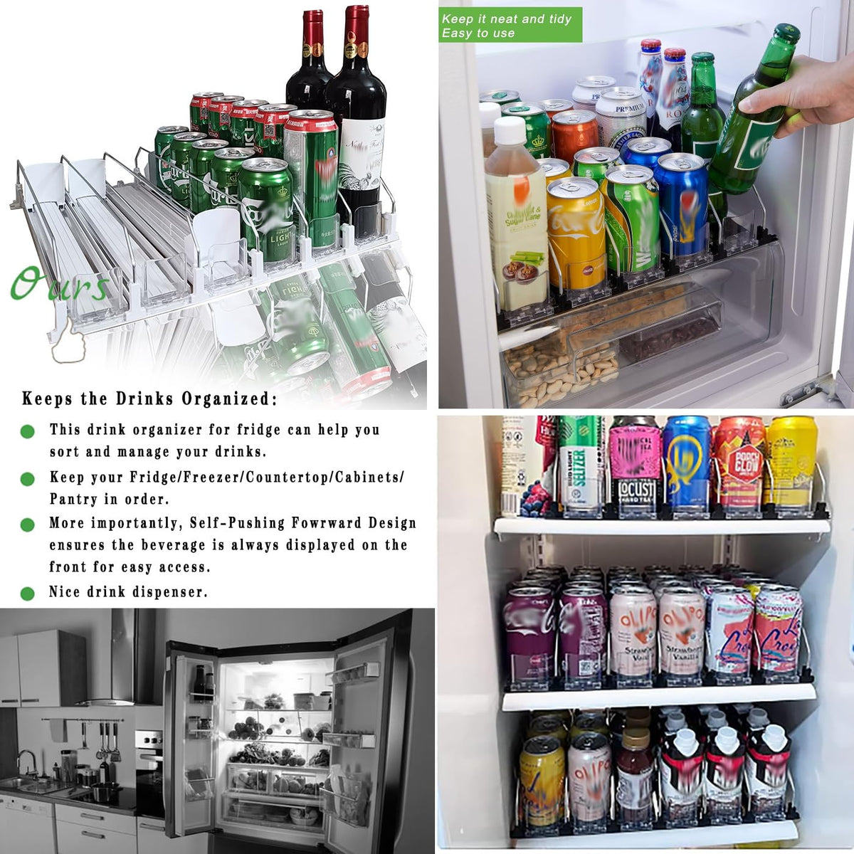 Width17.72 inch x Depth 16.1 inch Large Capacity Automatic Pushing Drink Organizer,Width Adjustable/Space-Saving-with Smooth and Fast Pusher Glide,Drink Organizer for Fridge (White, 6 Rows)