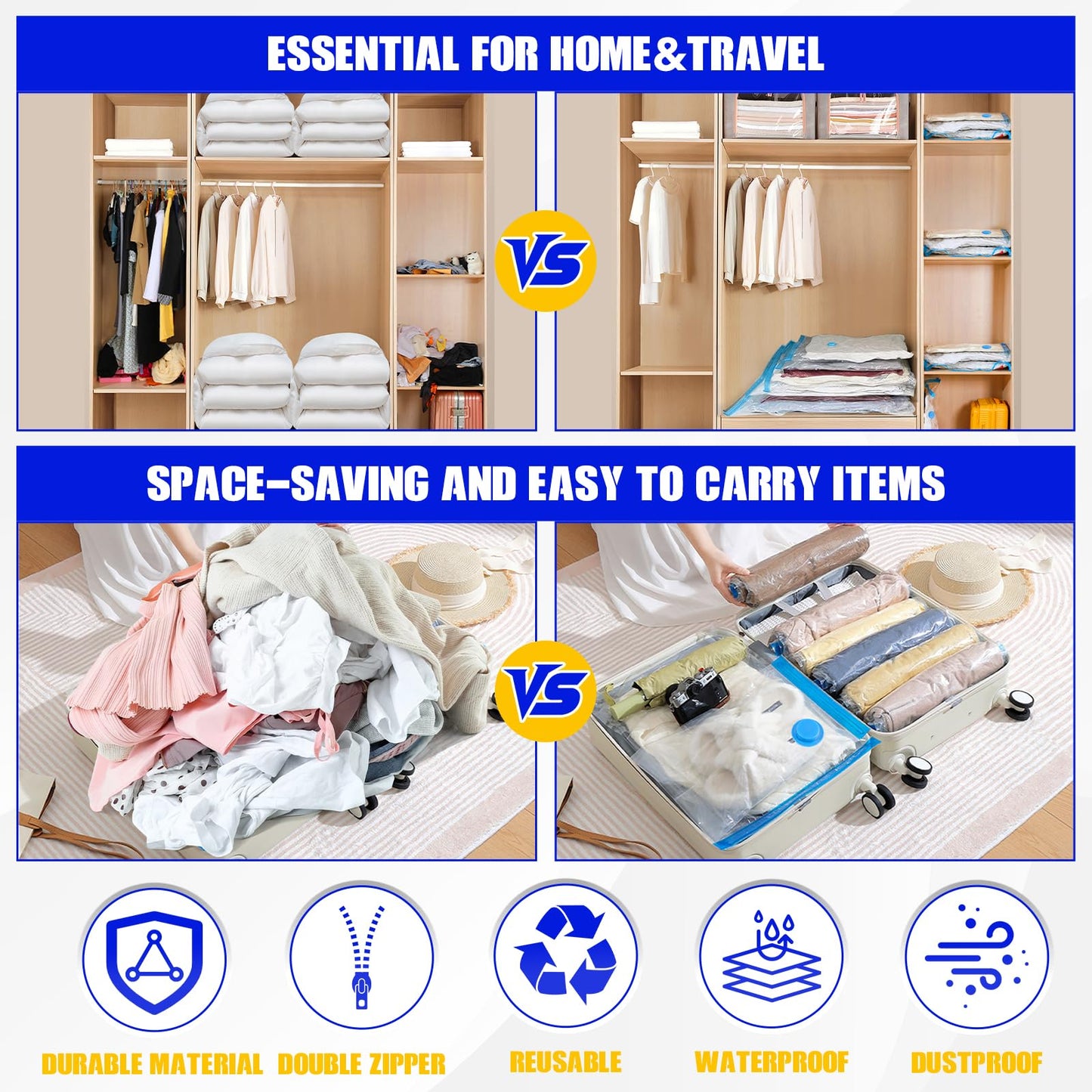 20 Pack Vacuum Storage Bags, Vacuum Sealer Bags for Clothes(4 Jumbo, 4 Large, 4 Medium, 4 Small, 4 Roll) Compression Bags for Travel, Blankets, Bedding, Rechargeable Pump Included