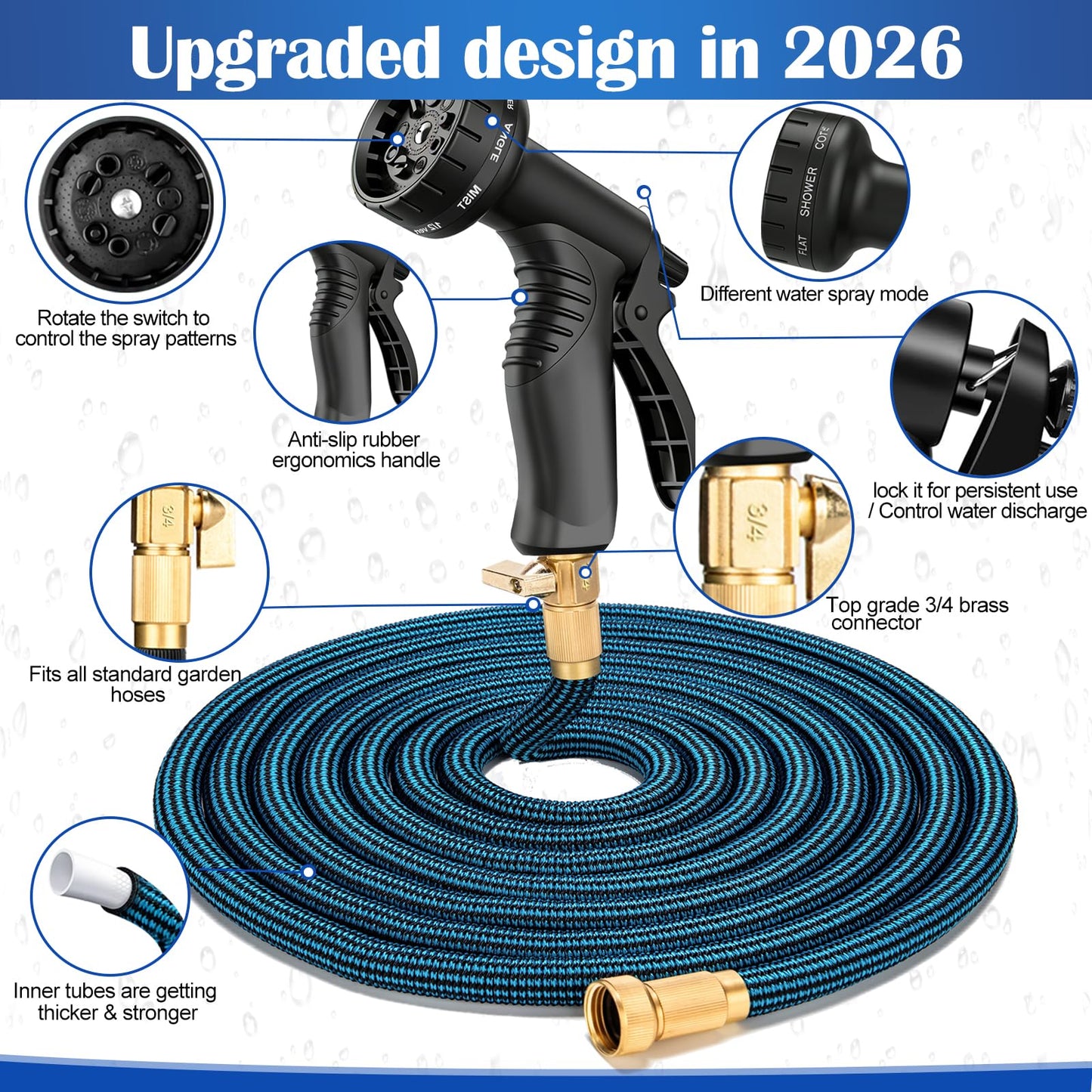 Expandable Garden Hose 100ft Water Hose with 10 Function Nozzle Flexible Expending Hose Kink Free,3-Layers Latex and 3/4 Solid Solid Fittings Retractable Collapsible Gardening Hose Pipe with Hook Blue