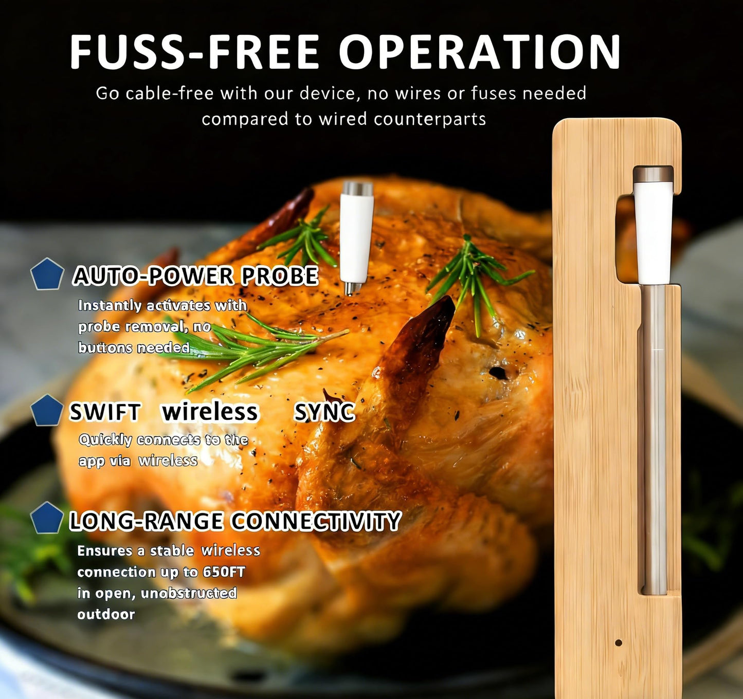Meat Thermometer Smart Cordless | 656FT Range, Waterproof, Ultra-Thin Probe | Perfect for Grilling Smoking Oven Air Fryer | Cook Turkey Steak Beef Lamb Candy with Precision, Canadian BBQ Essential