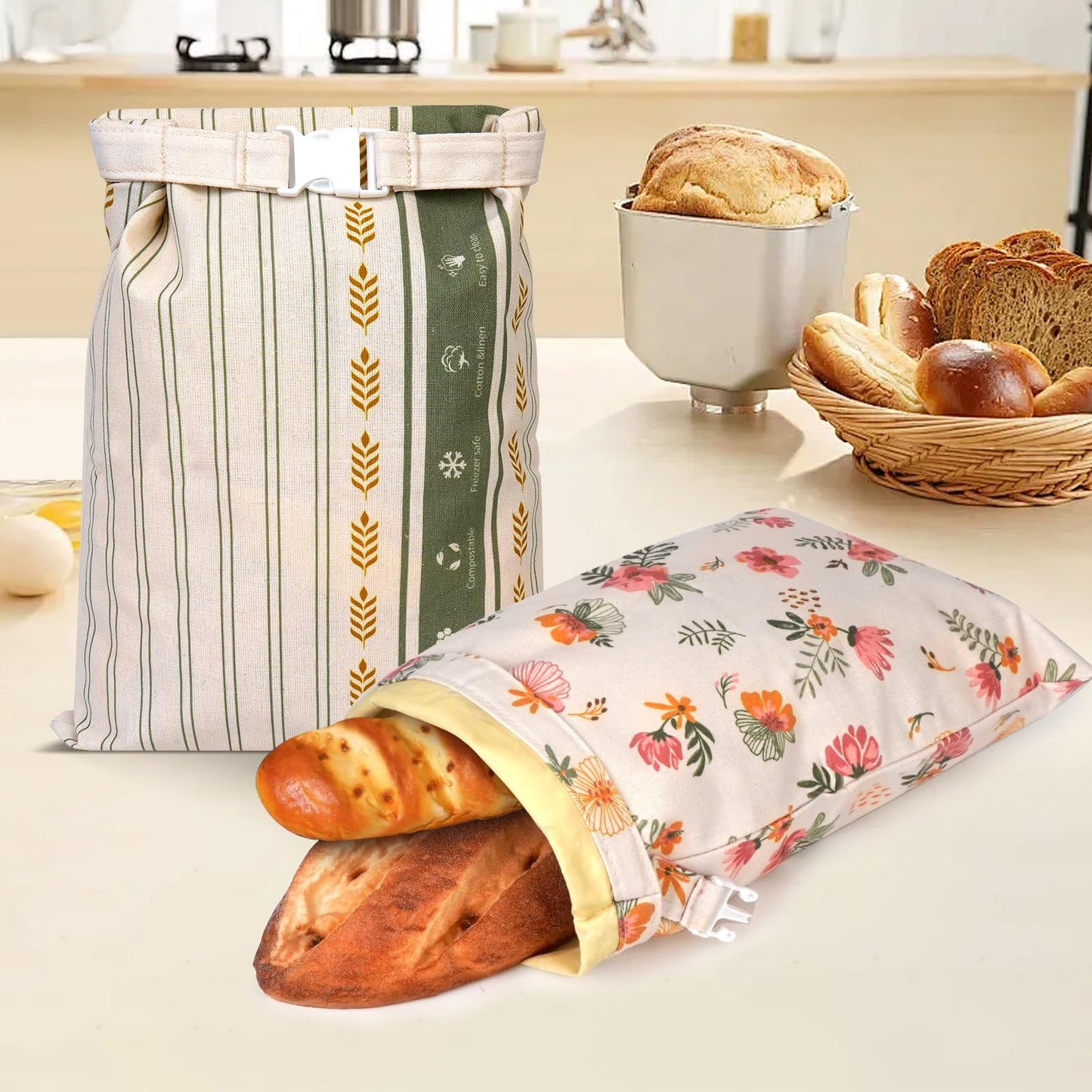 Essovee 2 Pack Cotton Beeswax Bread Bags - Large Reusable Cotton Linen Food Storage Covers for Sourdough & Homemade Bread, Waxed Bags Keep Bread Fresh, Proofing Bag Freezer-Safe, Easy Clean