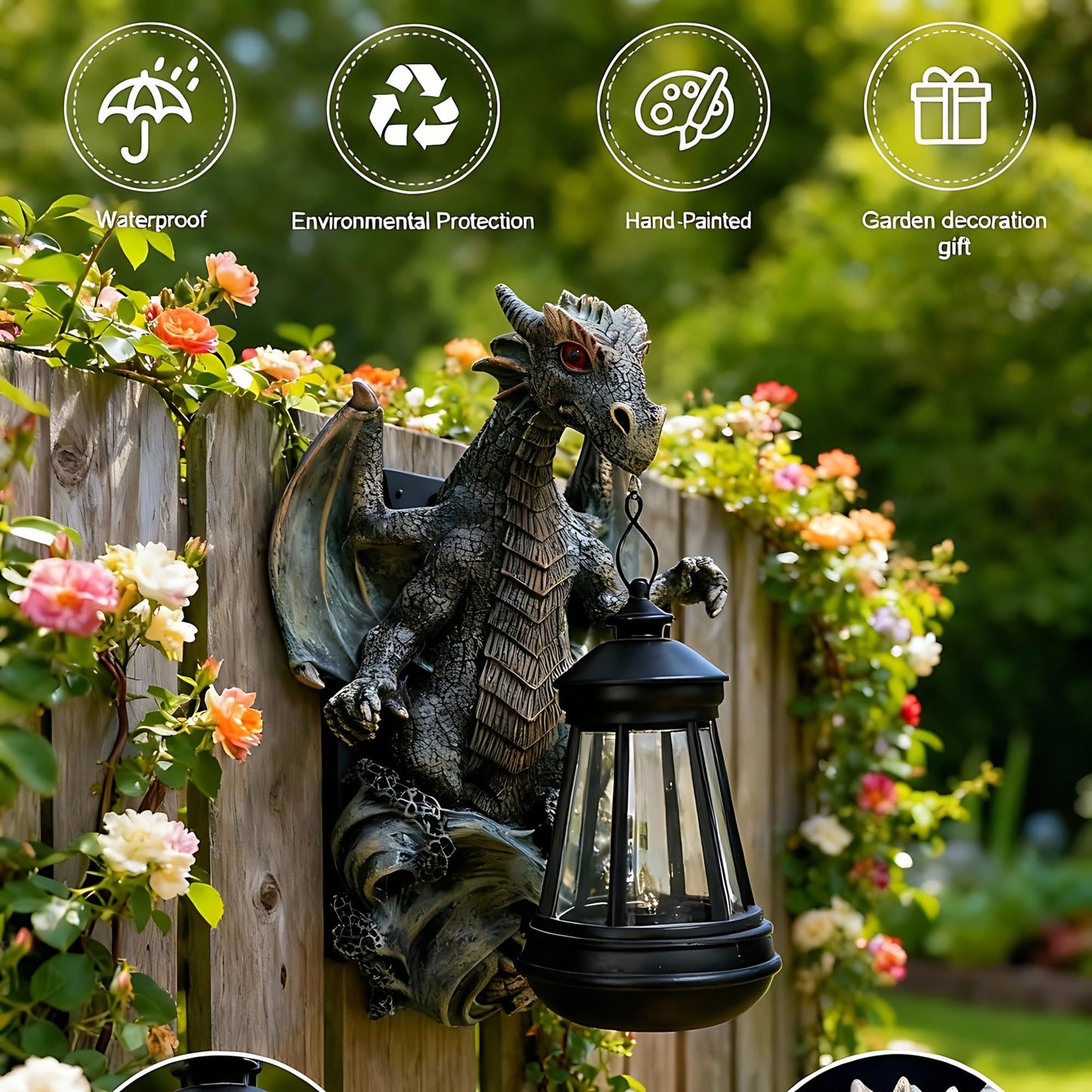 Dragon Statue Garden Decor with Solar Light - 10.43 Inch Outdoor Garden Statues for Balcony Yard Art Lawn Ornaments, Gardening Gifts for Women Mom Grandma