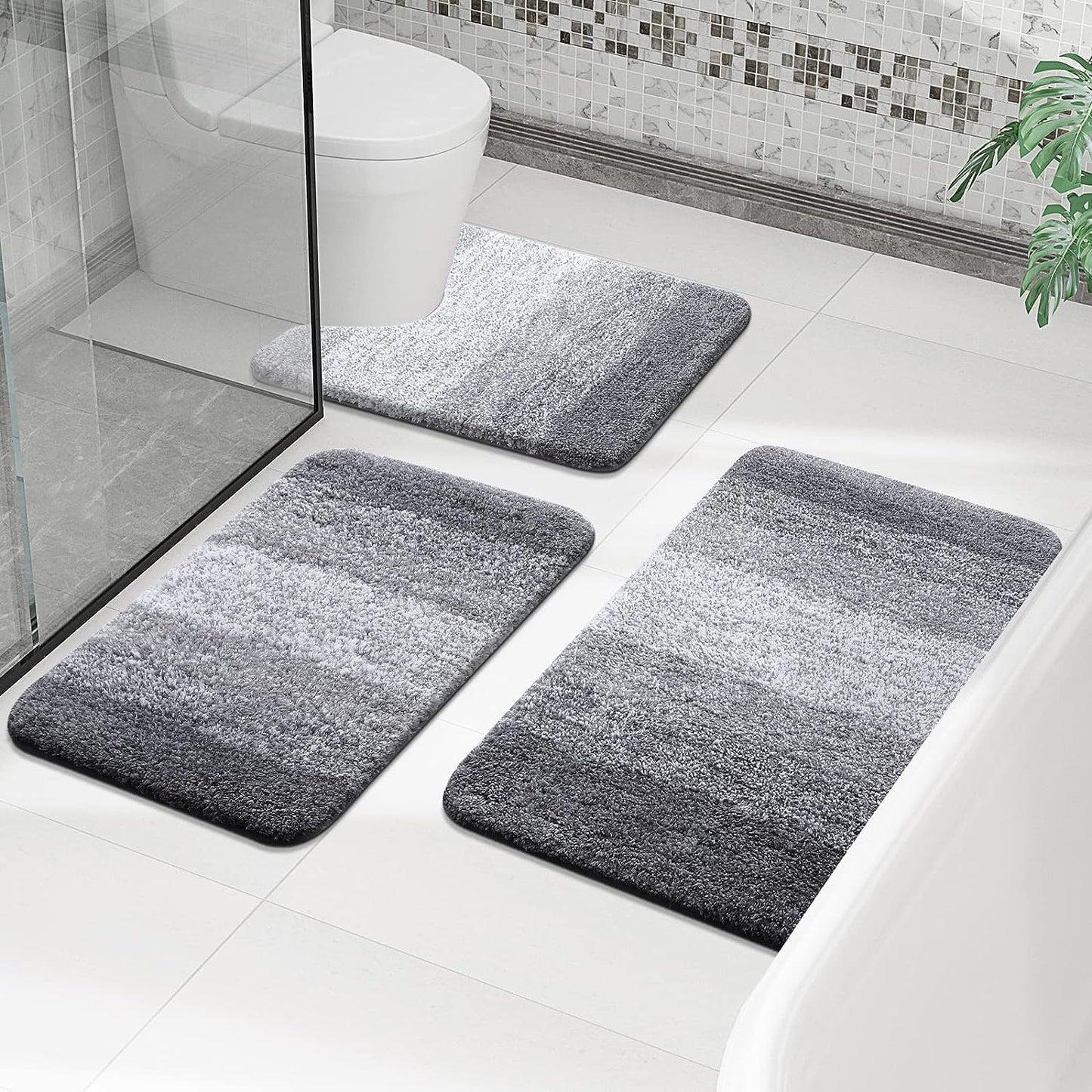 OLANLY Luxury Bathroom Mat Set 2 Piece, Soft Microfiber Absorbent Bath Mat and U-Shaped Contour Toilet Mat, Non-Slip Bathroom Rug Set, Machine Wash, Bath Mats for Bathroom, (24"x16"+24"x20", Grey)
