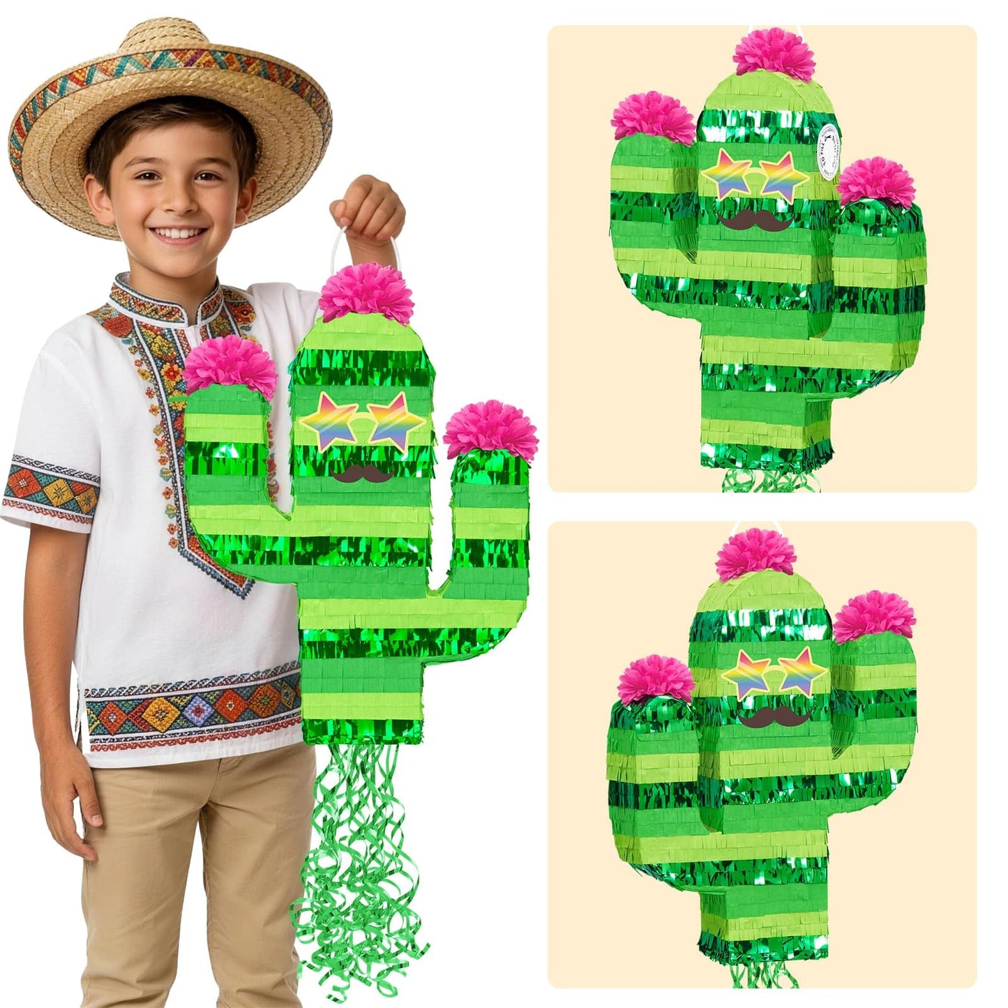 WERNNSAI Cactus Pinata - Mexican Fiesta Party Decorations Tropical Hawaiian Pinata with Stick and Blindfold Cinco de Mayo Supplies Summer Luau Taco Bar Decor Green Cactus Photo Prop