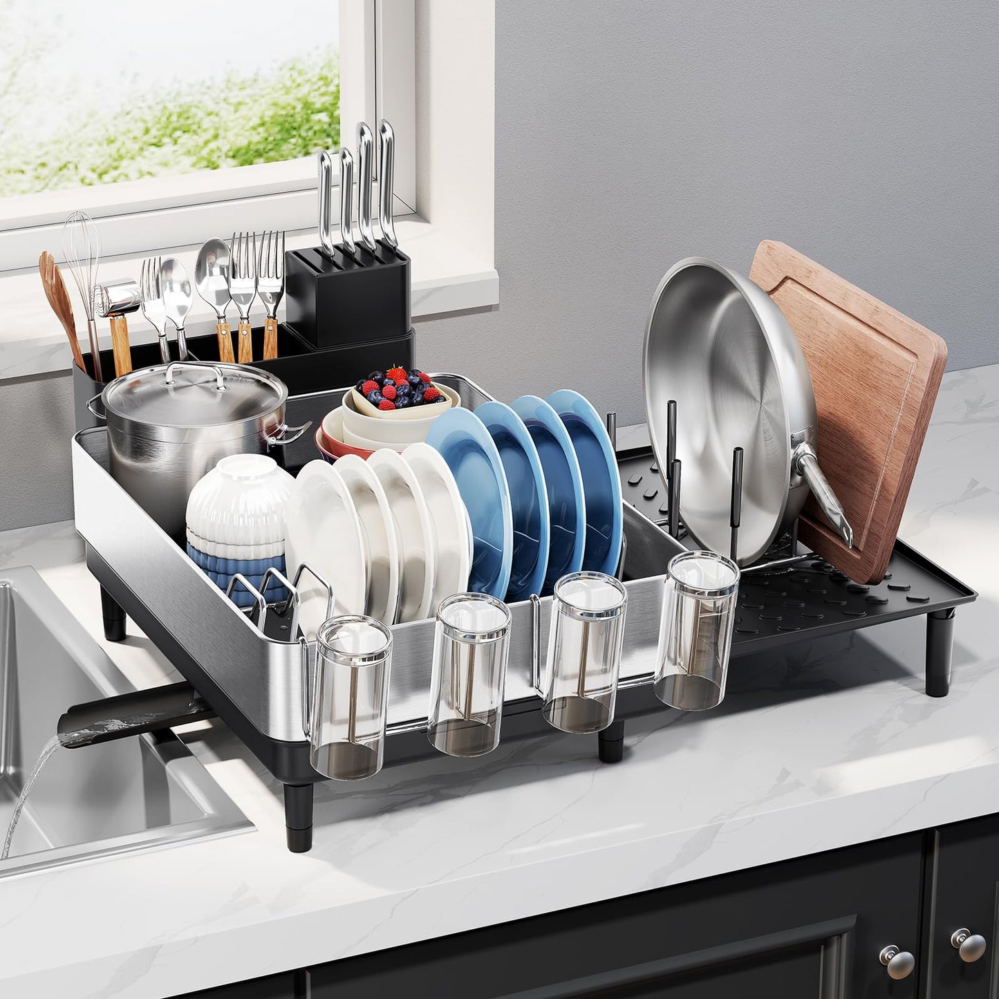 Expandable Dish Rack with Drainboard - Stainless Steel Dish Drainer with Removable Cutlery Tray, Foldable Cup Holder, Elevated Feet, Multifunctional Drainboard for Sink Countertop Kitchen Storage