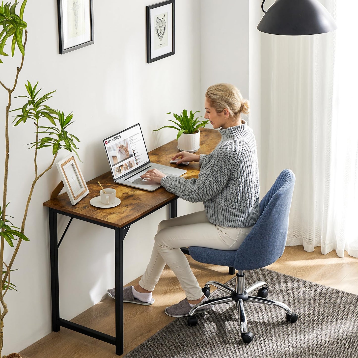 Sweetcrispy 47 Inch Computer Office Desk for Small Spaces, Writing Gaming Work Desk Modern Study Table with X-Shaped Reinforcement for Home Bedroom, Brown